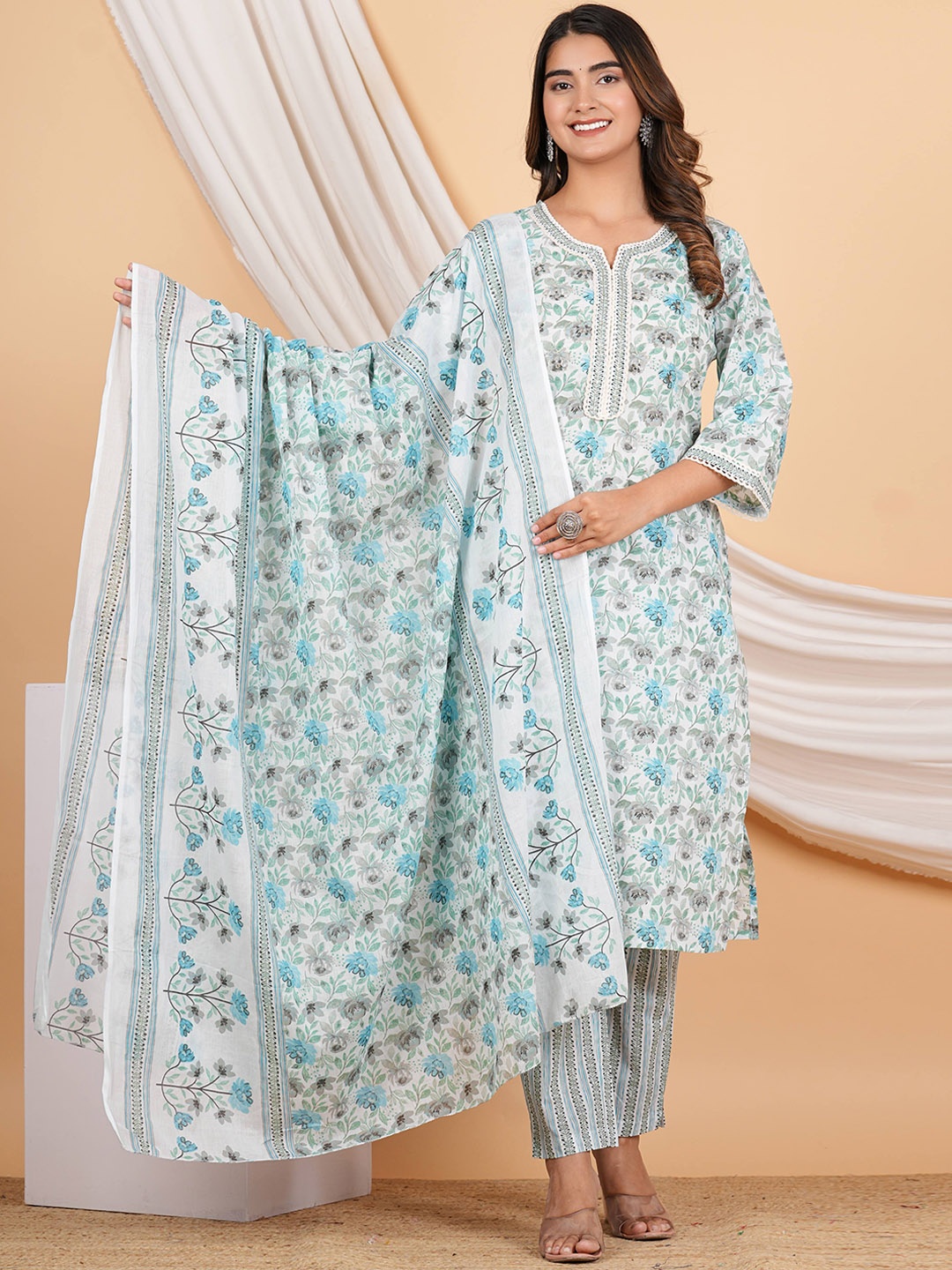 

ZOYOTO Floral Printed Sequinned Pure Cotton Kurta & Trousers With Dupatta, Blue