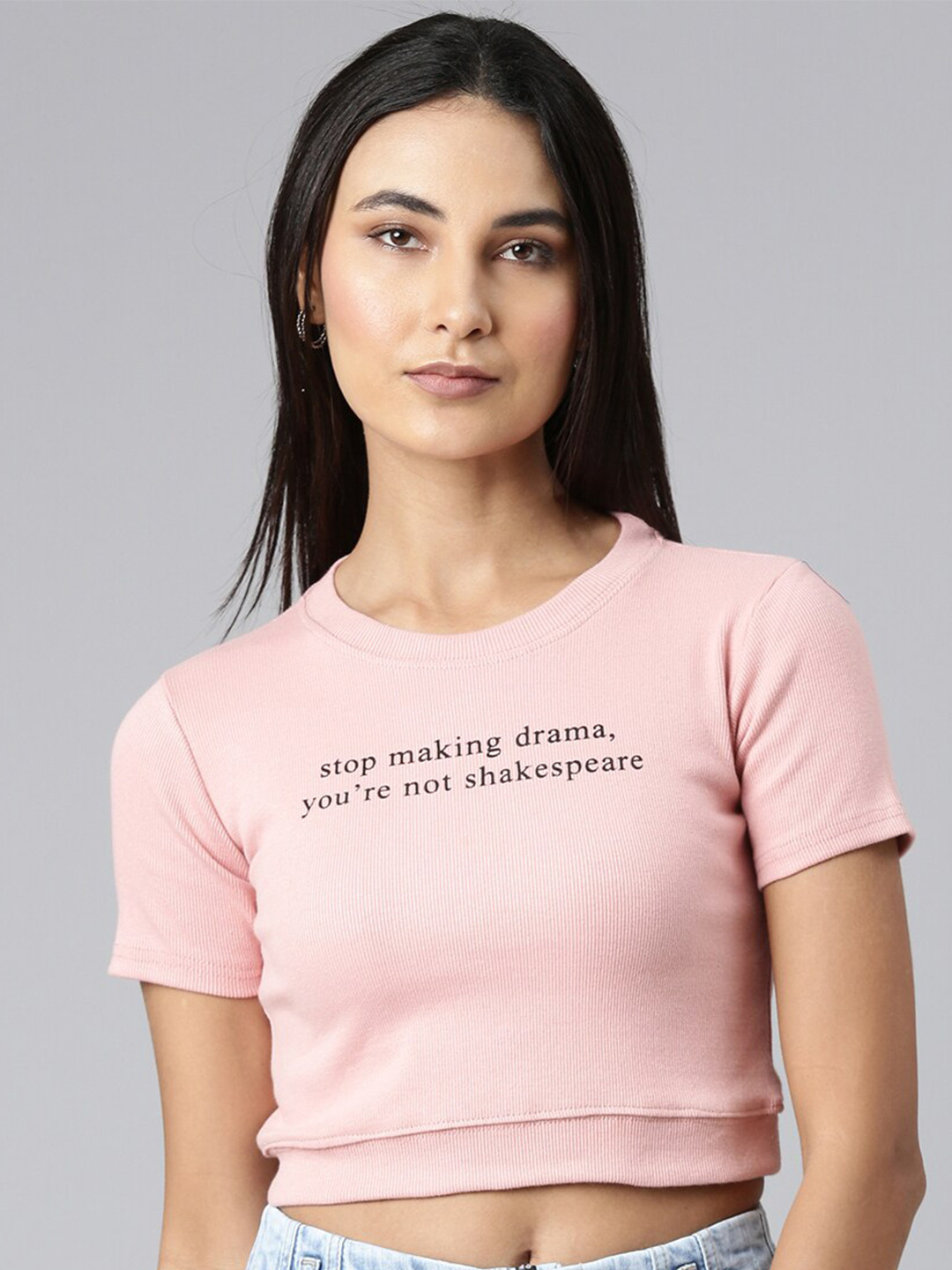 

SHOWOFF Typography Printed Crop Slim Fit T-shirt, Peach