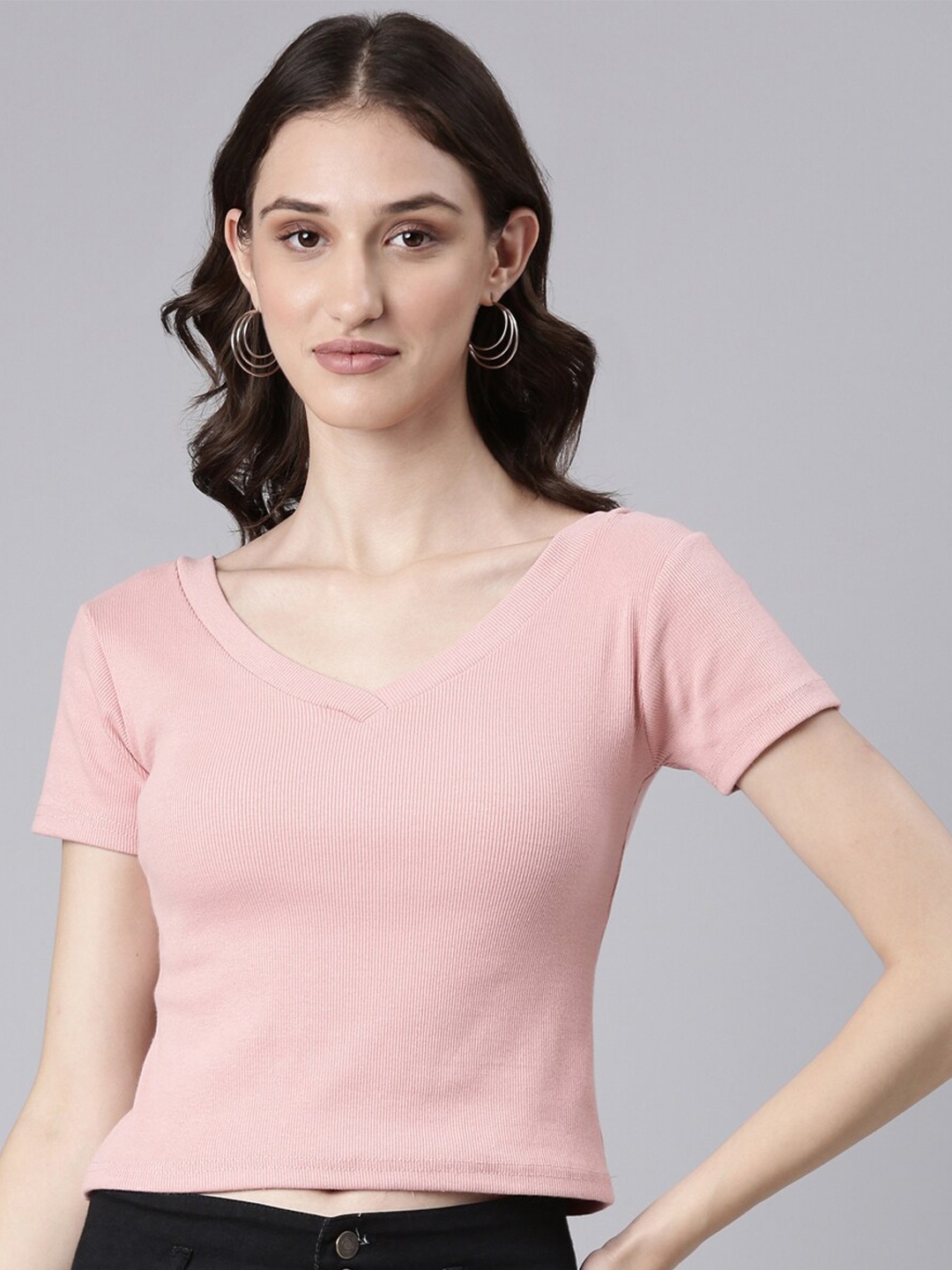 

SHOWOFF V-Neck Ribbed Slim Fit Crop T-Shirt, Peach