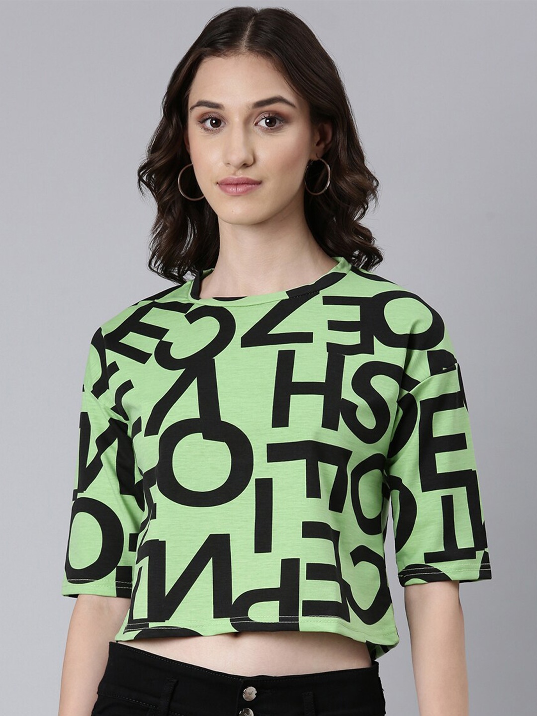 

SHOWOFF Typography Printed Drop-Shoulder Sleeves Boxy Fit Crop T-shirt, Green