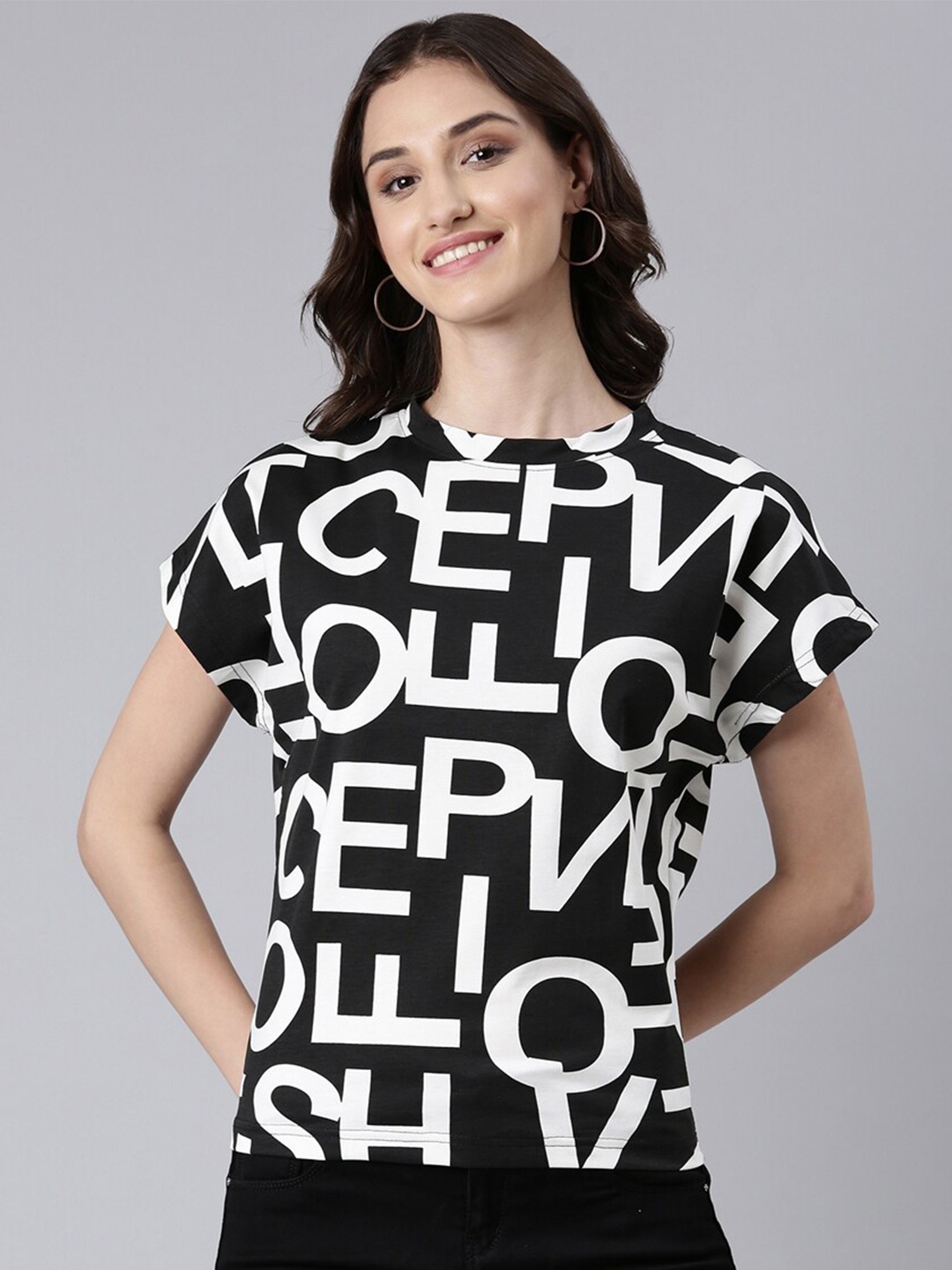 

SHOWOFF Typography Printed Boxy Cotton T-shirt, Black
