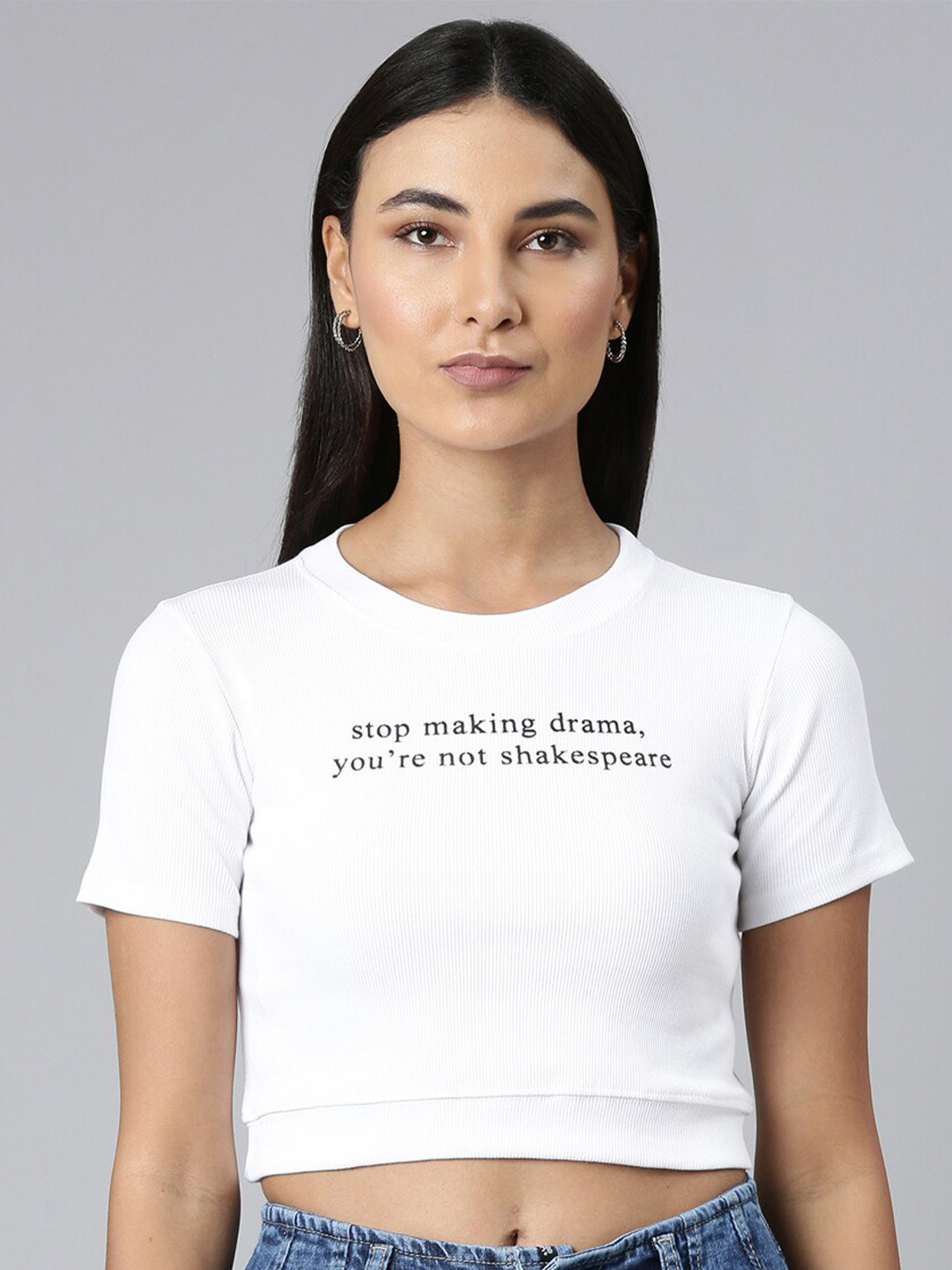 

SHOWOFF Typography Printed Slim Fit Cotton Crop T-shirt, White
