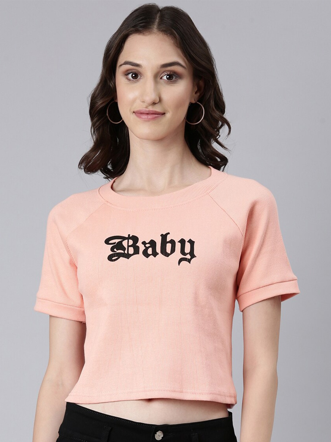 

SHOWOFF Typography Printed Raglan Sleeves Crop Boxy T-shirt, Peach