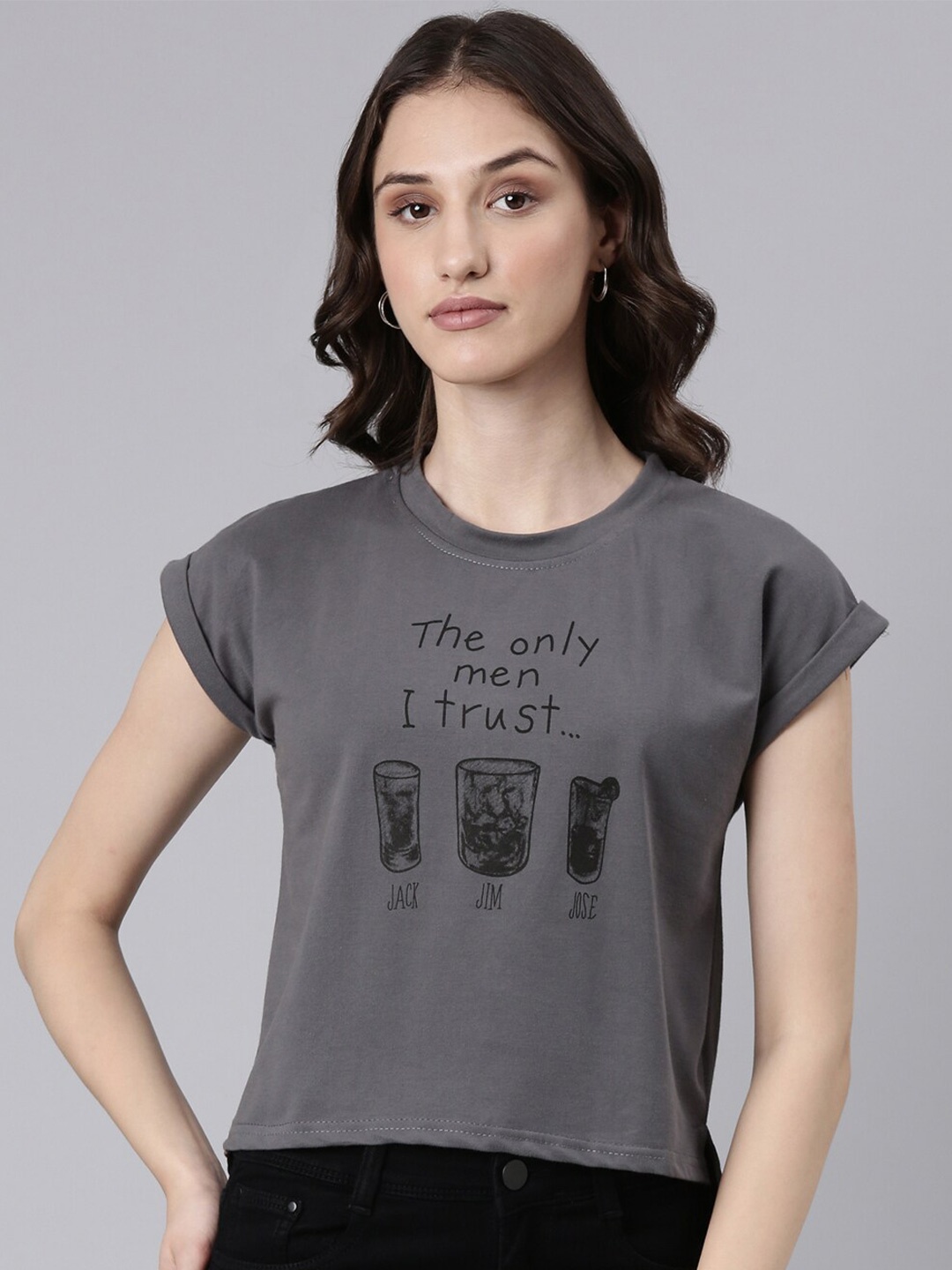 

SHOWOFF Typography Printed Extended Sleeves Slim Fit Crop T-shirt, Grey