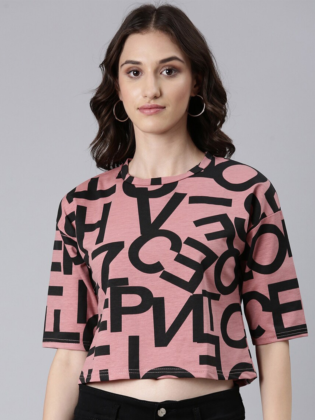 

SHOWOFF Typography Printed Boxy Fit Drop-Shoulder Sleeves Crop T-Shirt, Mauve