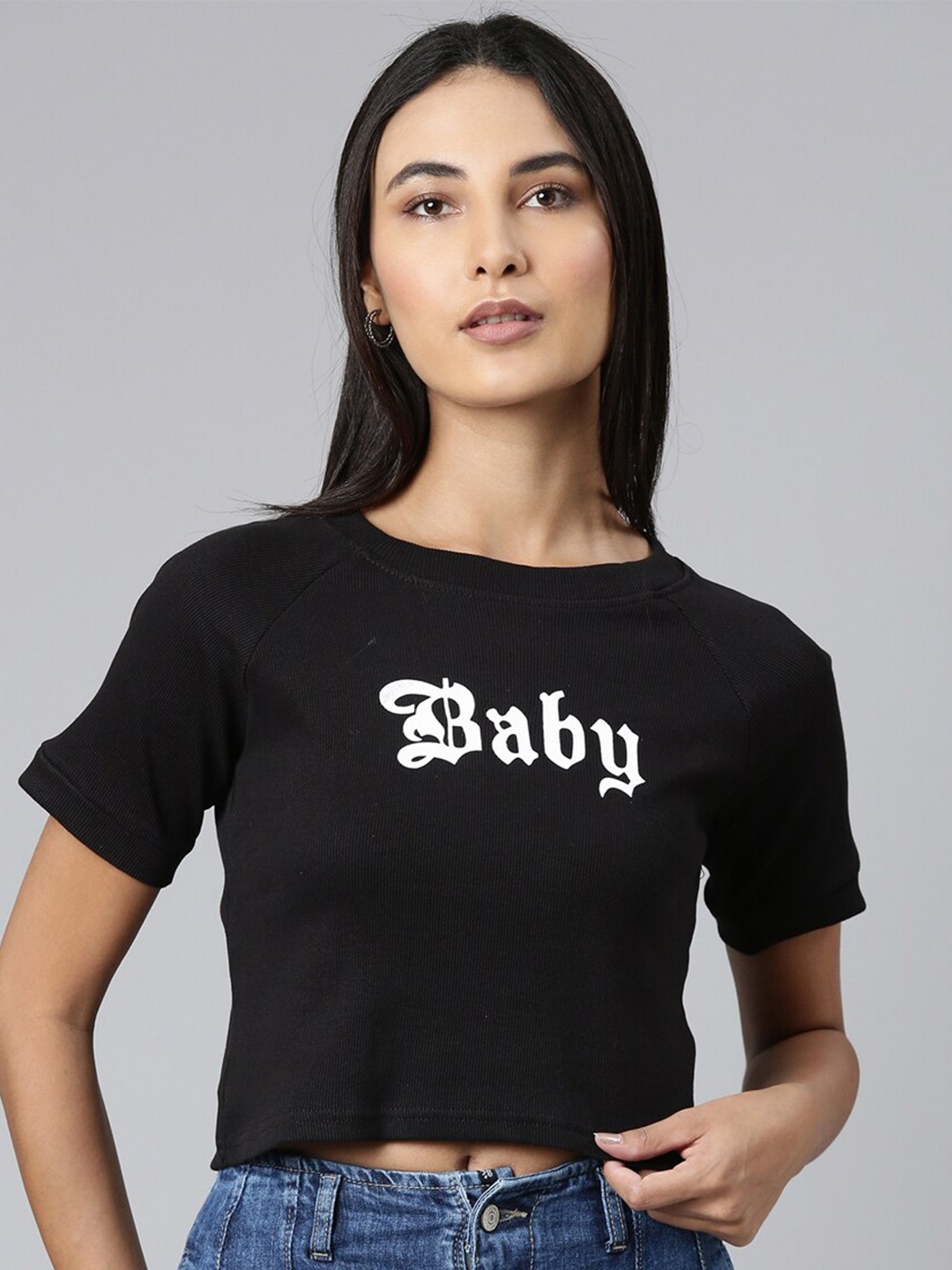 

SHOWOFF Typography Printed Raglan Sleeves Boxy Ft Crop T-shirt, Black