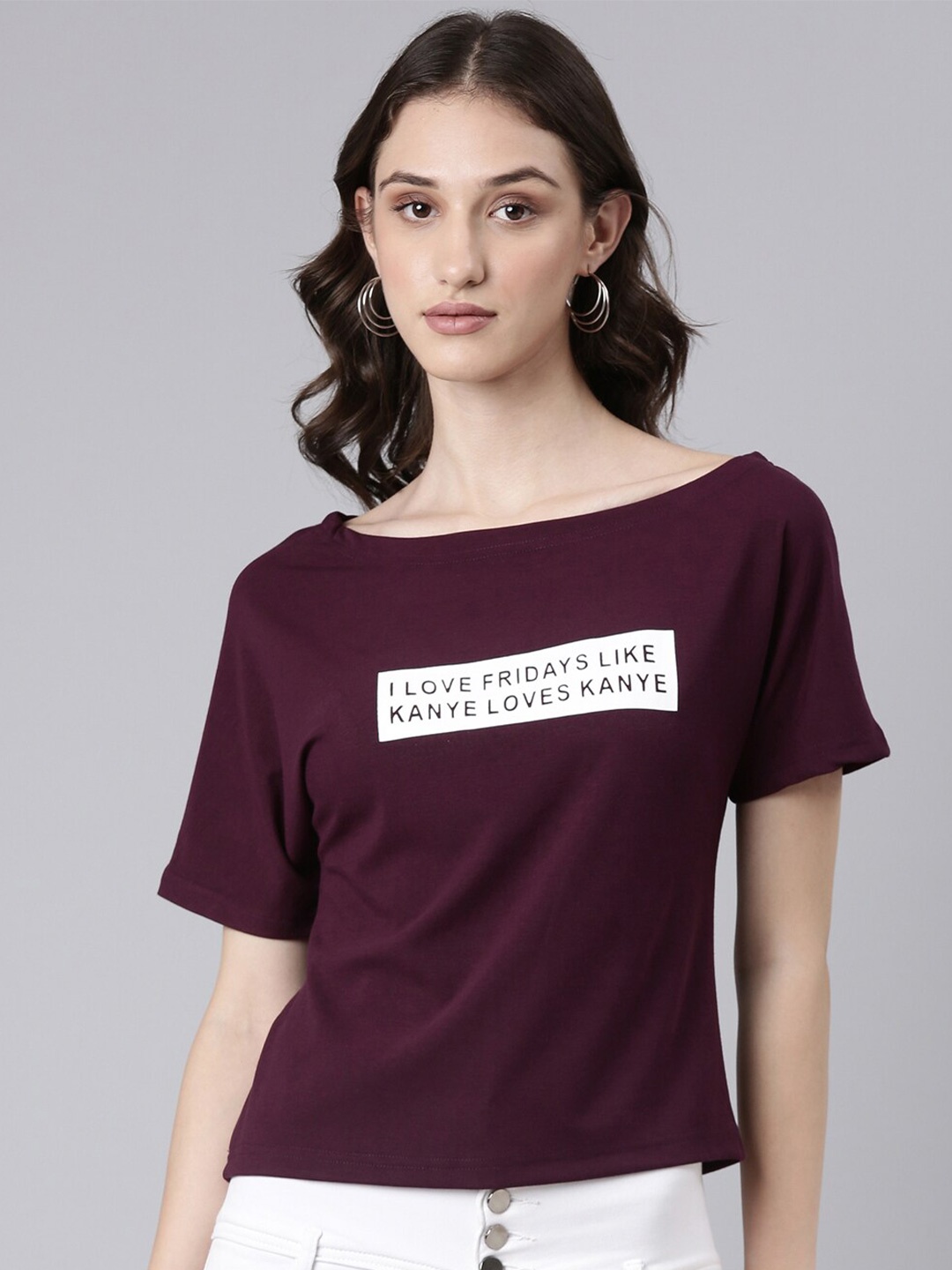 

SHOWOFF Typography Printed Boat Neck Slim Fit Cotton T-shirt, Purple