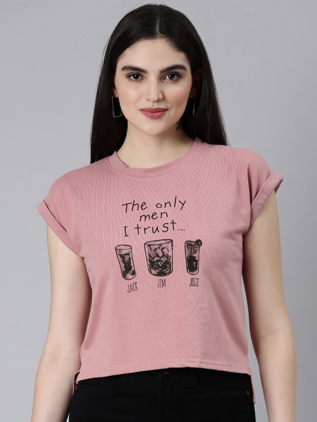 

SHOWOFF Typography Printed Extended Sleeves Slim Fit Crop T-shirt, Peach