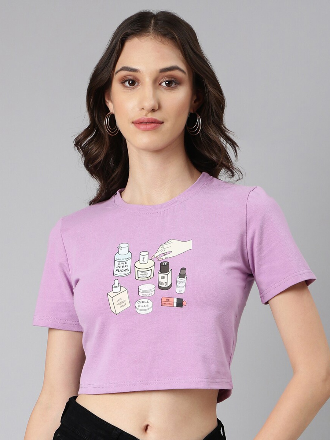 

SHOWOFF Graphic Printed Cotton Slim Fit Crop T-shirt, Lavender