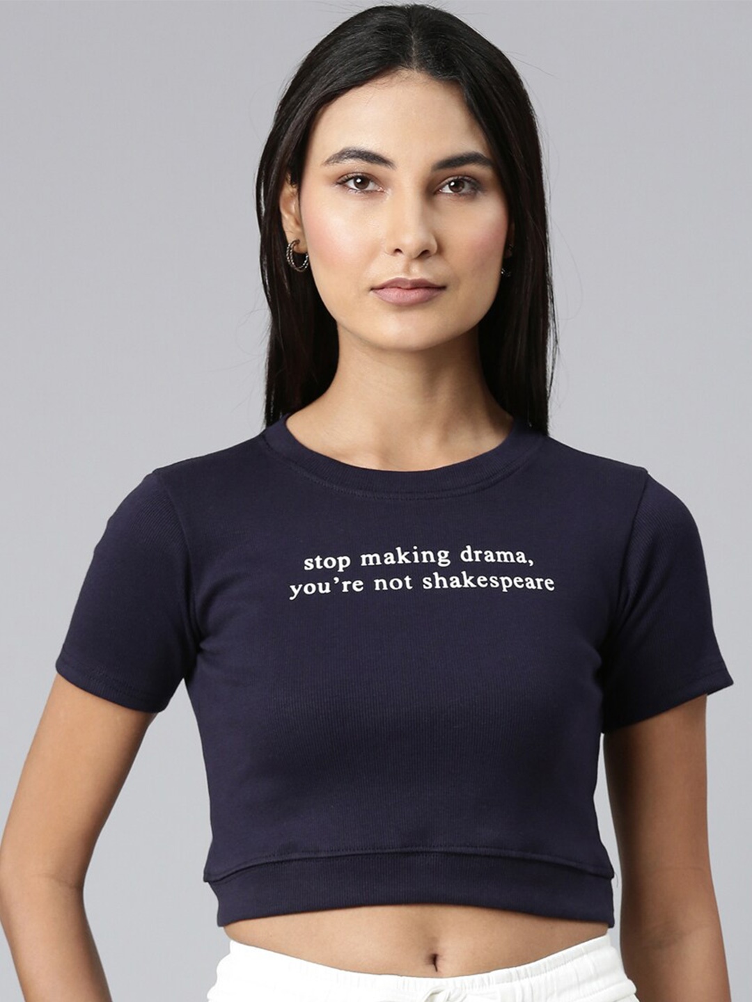 

SHOWOFF Typography Printed Slim Fit Crop T-shirt, Navy blue