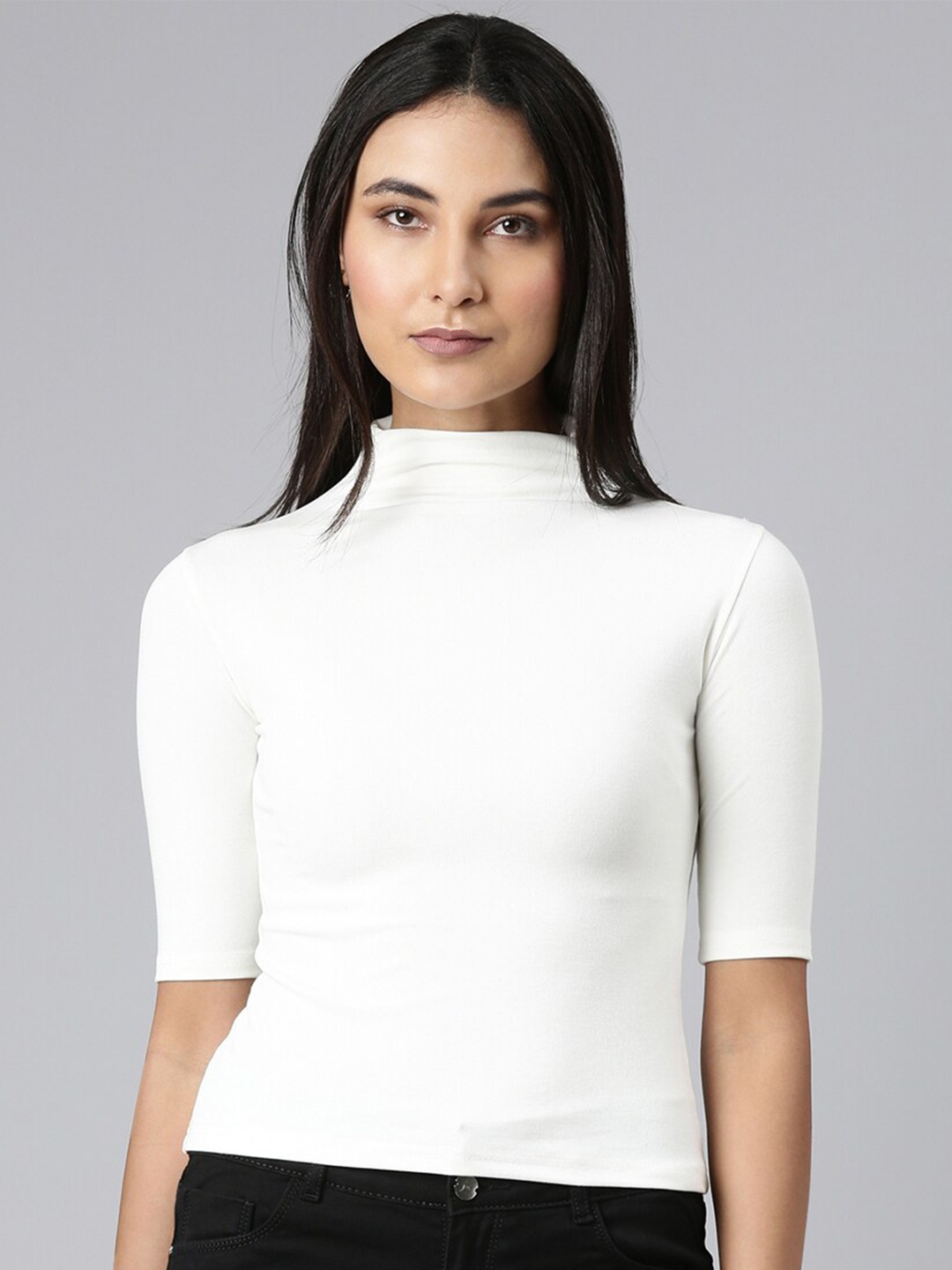 

SHOWOFF High Neck Cotton Fitted Top, Off white