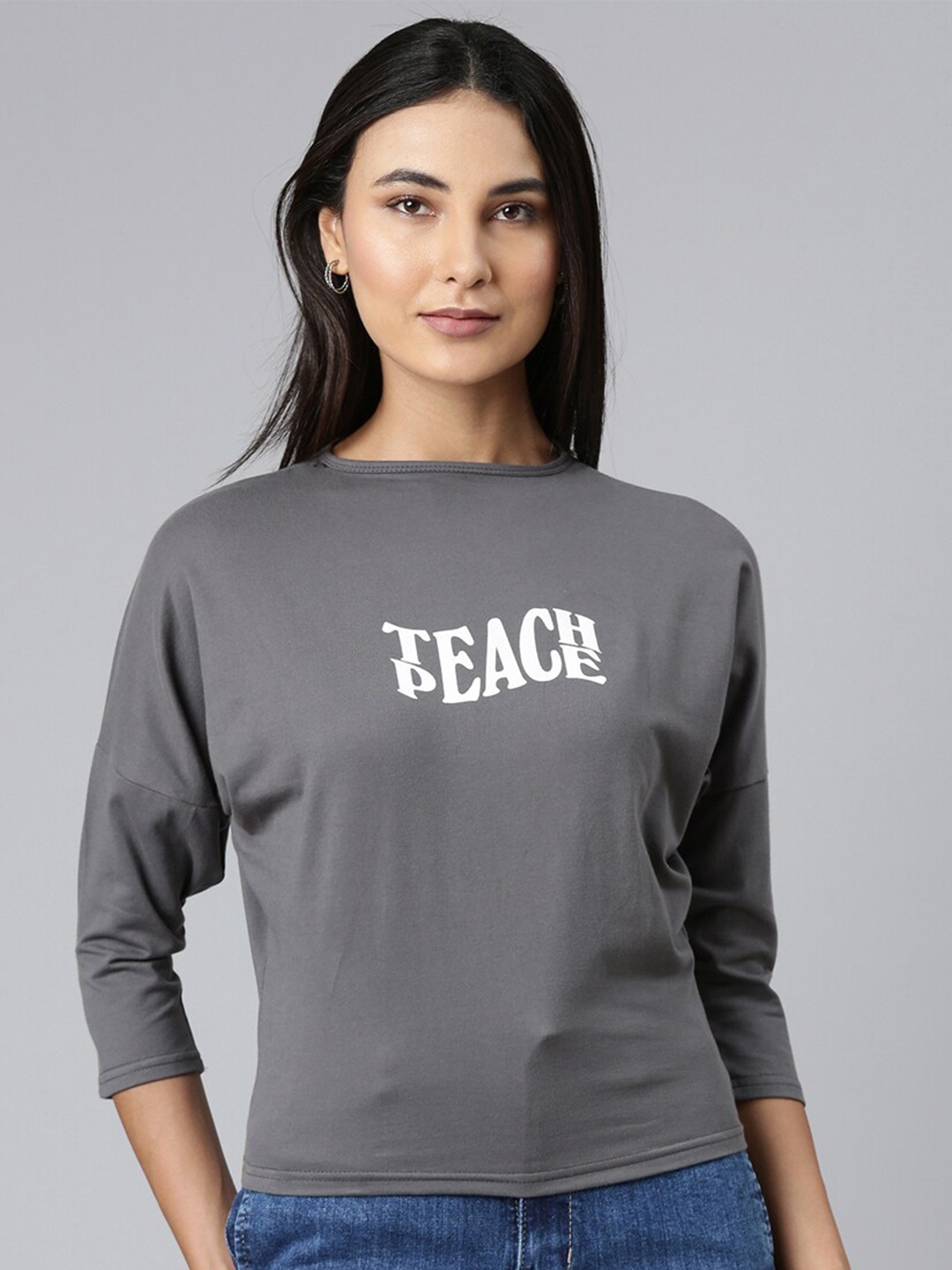 

SHOWOFF Typography Printed Drop-Shoulder Sleeves Slim Fit T-shirt, Grey