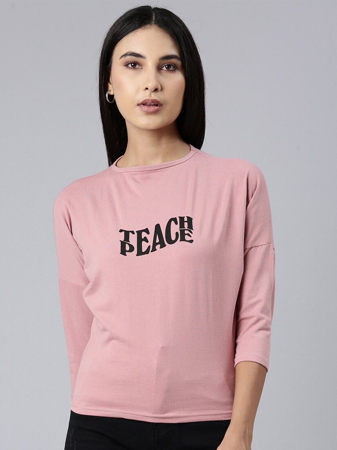 

SHOWOFF Typography Printed Slim Fit Drop-Shoulder Sleeves T-Shirt, Mauve