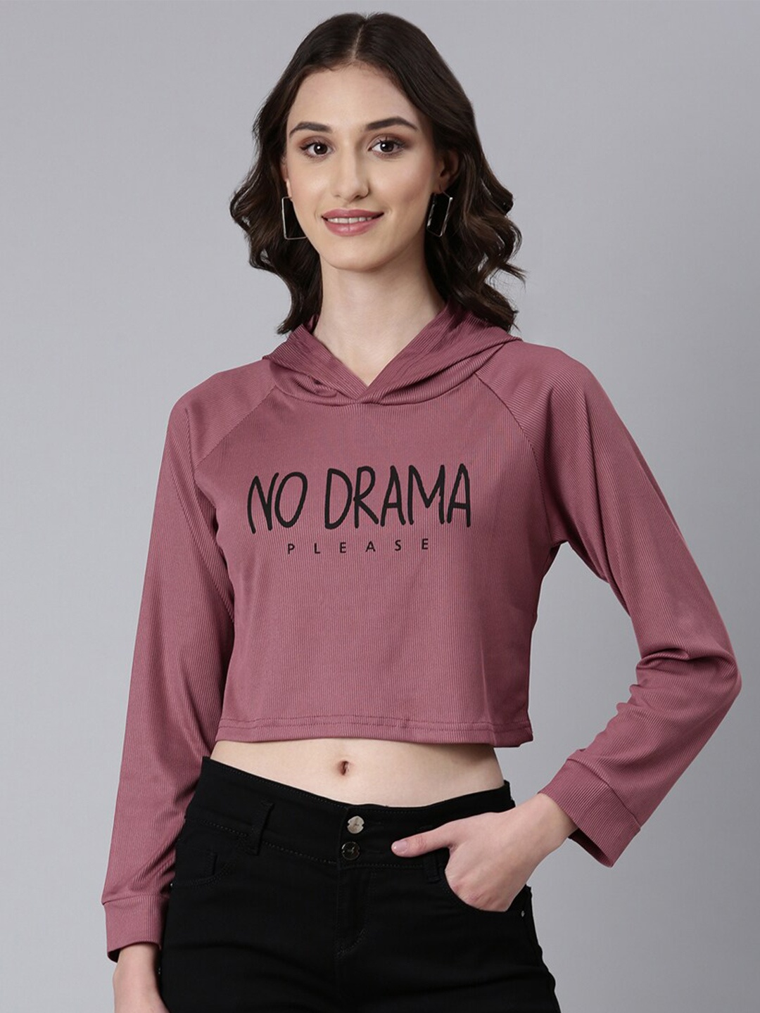 

SHOWOFF Typography Printed Hooded Raglan Sleeves Boxy Crop T-shirt, Mauve