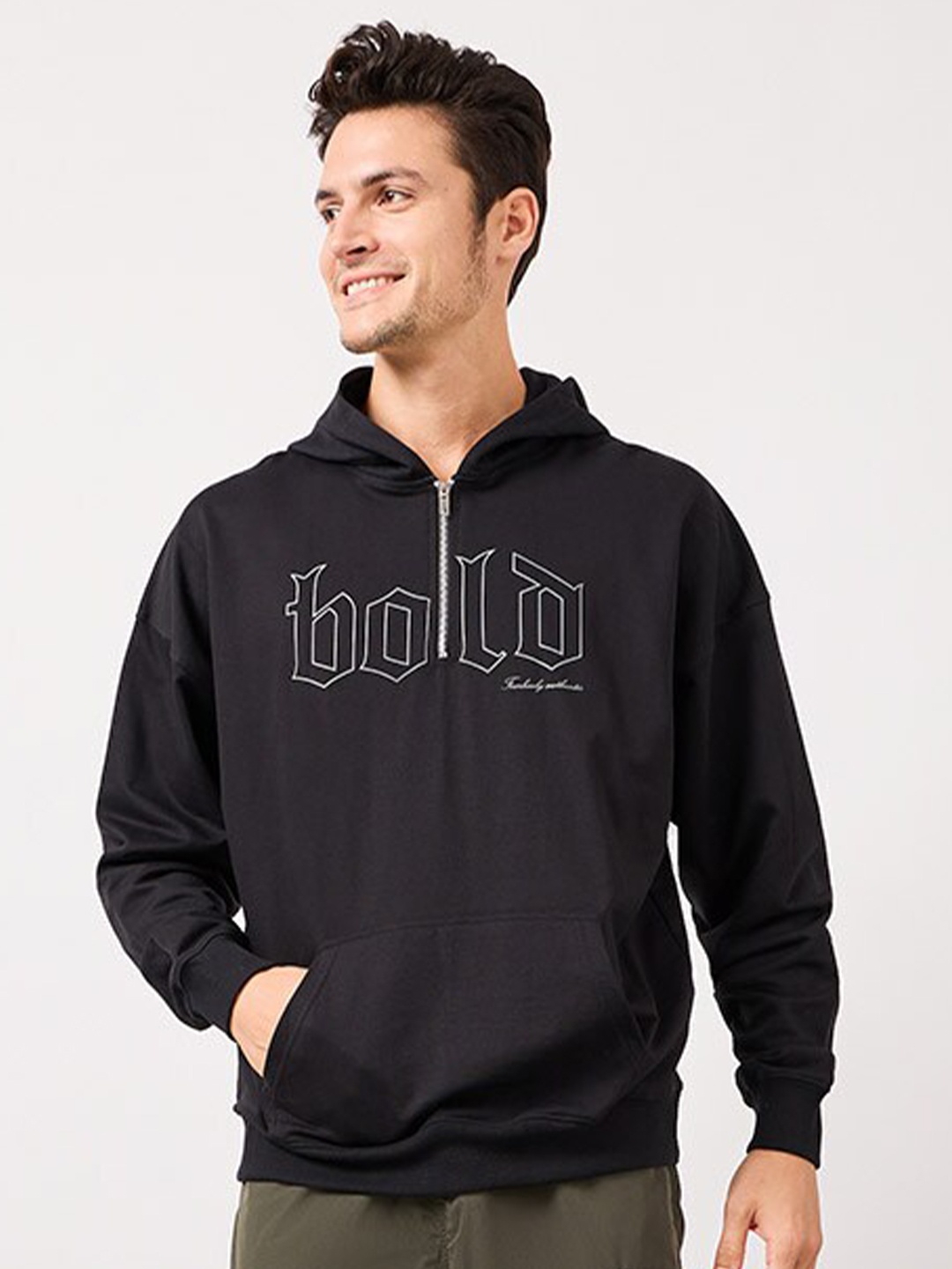 

Styli Black Typography Printed Hooded Pure Cotton Oversized Sweatshirt