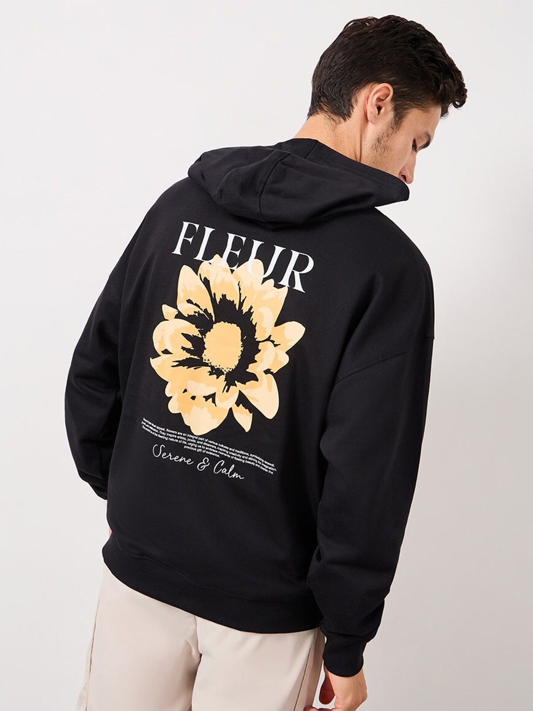 

Styli Black Graphic Printed Hooded Oversized Fleece Pullover Sweatshirt