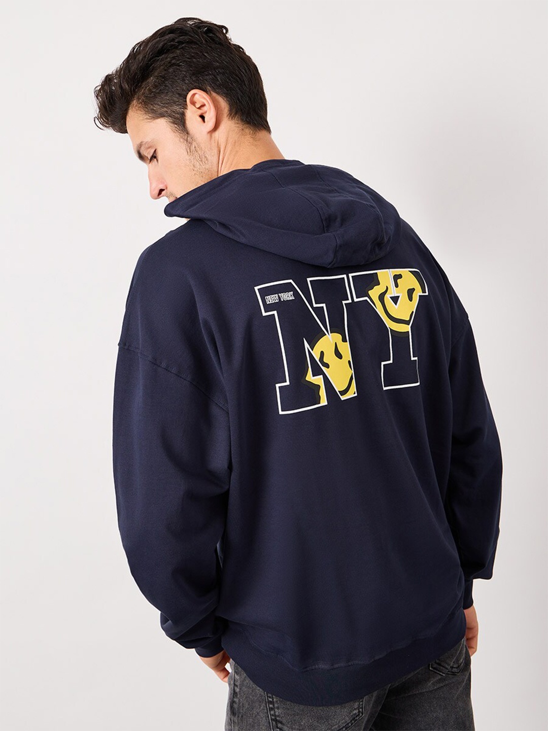

Styli Navy Blue Emoji Graphic Print Fleece Oversized Hoodie