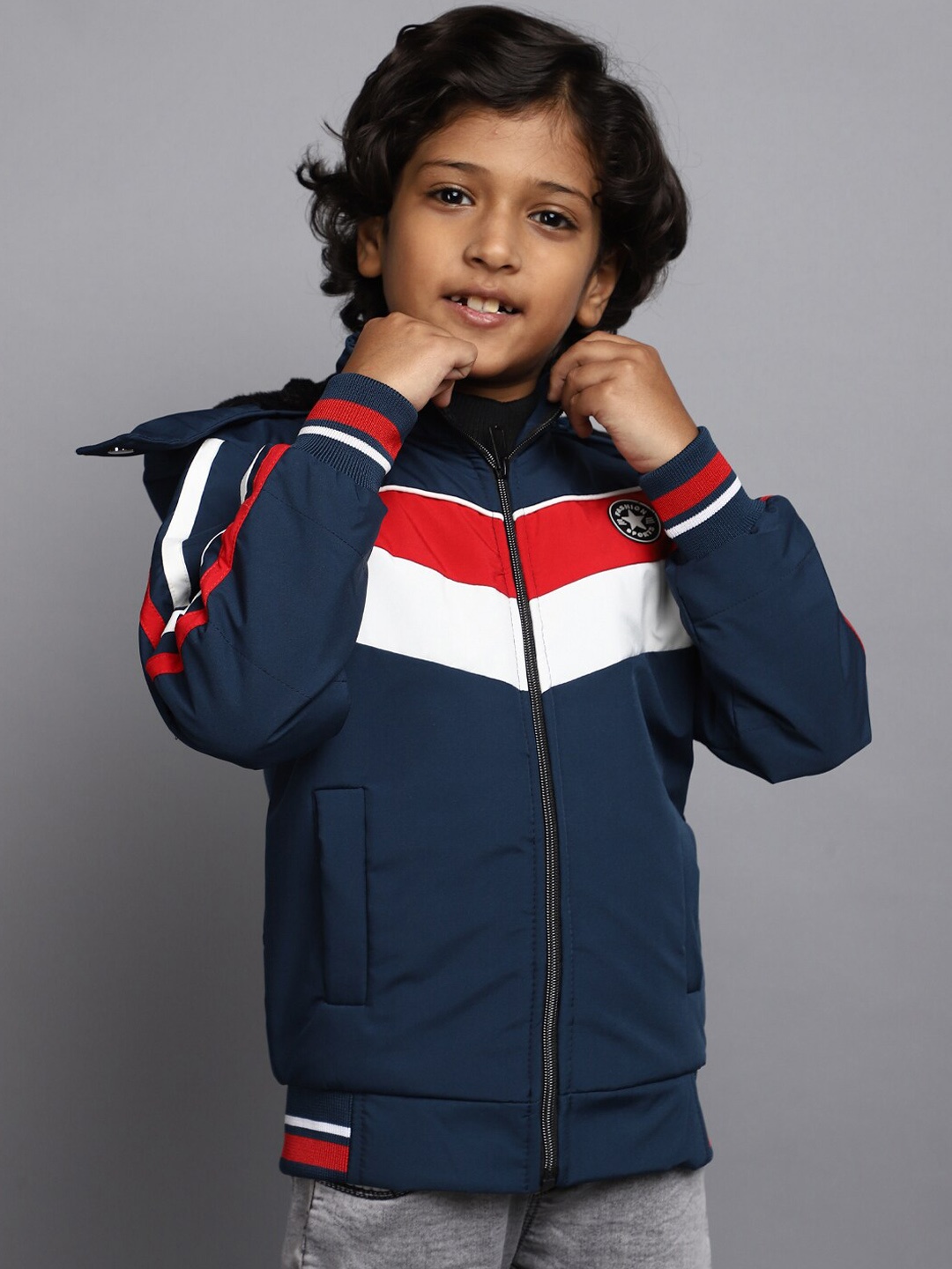 

V-Mart Boys Striped Hooded Lightweight Acrylic Bomber Jacket, Teal