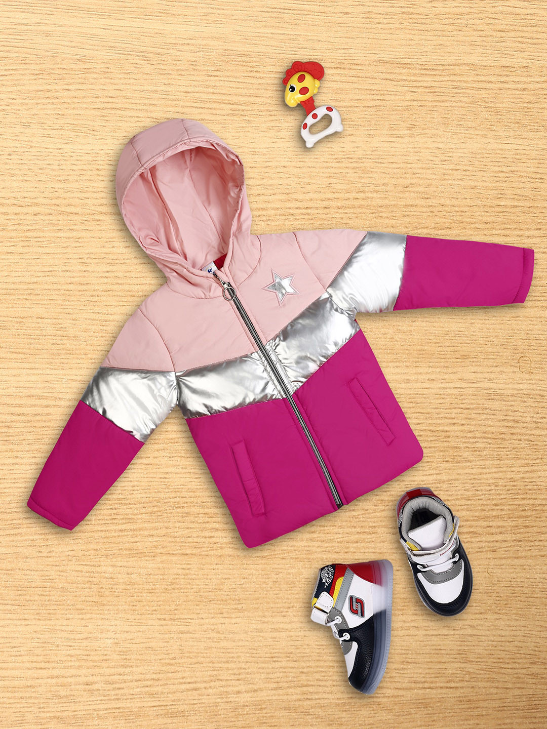 

V-Mart Infant Kids Colourblocked Hooded Lightweight Acrylic Padded Jacket, Pink