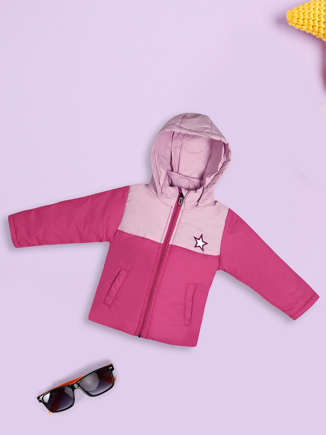 

V-Mart Infant Kids Colourblocked Hooded Lightweight Acrylic Padded Jacket, Fuchsia