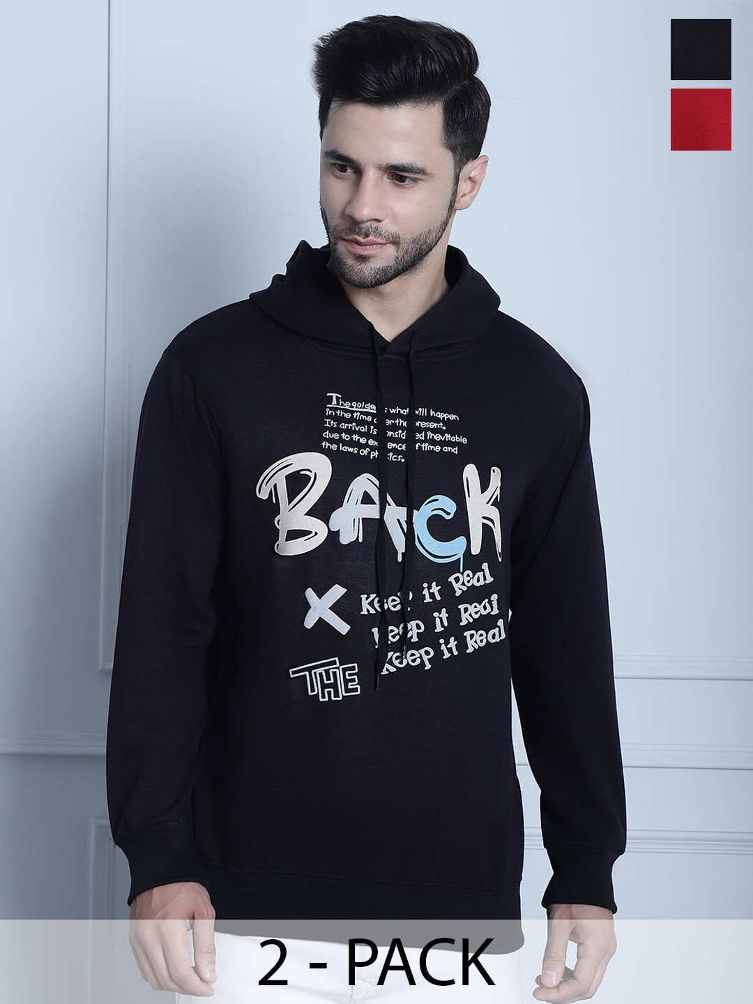 

VIMAL JONNEY Pack Of 2 Printed Cotton Fleece Pullover, Black