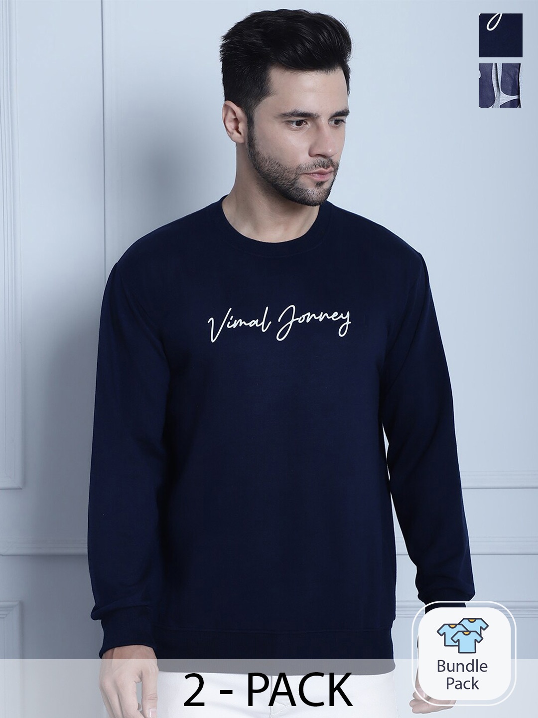 

VIMAL JONNEY Pack Of 2 Typography Printed Fleece Sweatshirt, Navy blue