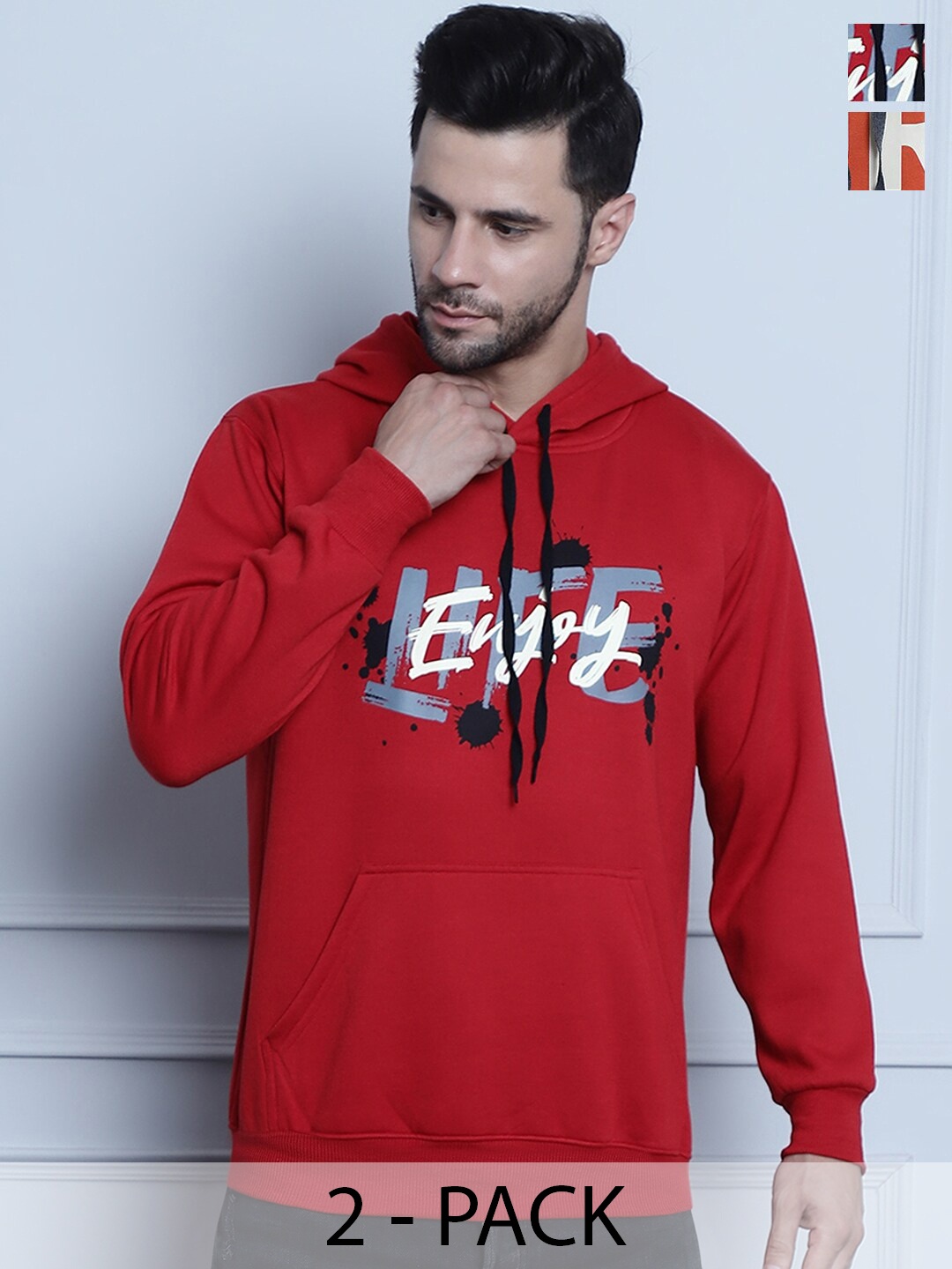 MACK JONNEY Pack Of 2 Typography Printed Fleece Pullover, Red