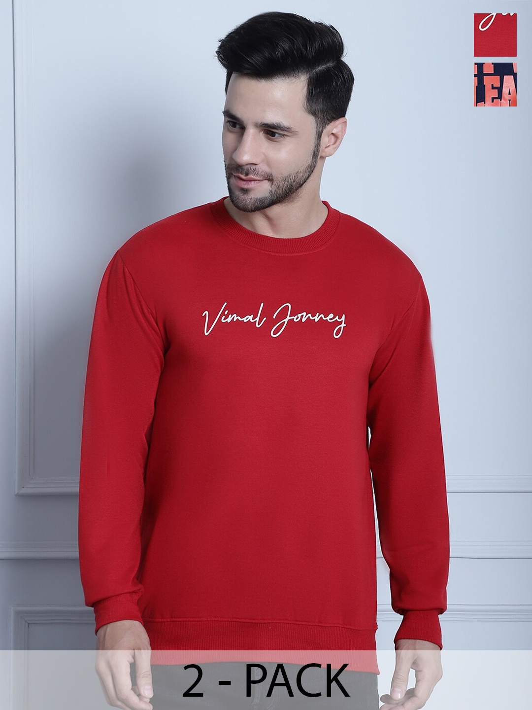 

VIMAL JONNEY Pack Of 2 Typography Printed Cotton Fleece Pullover, Red