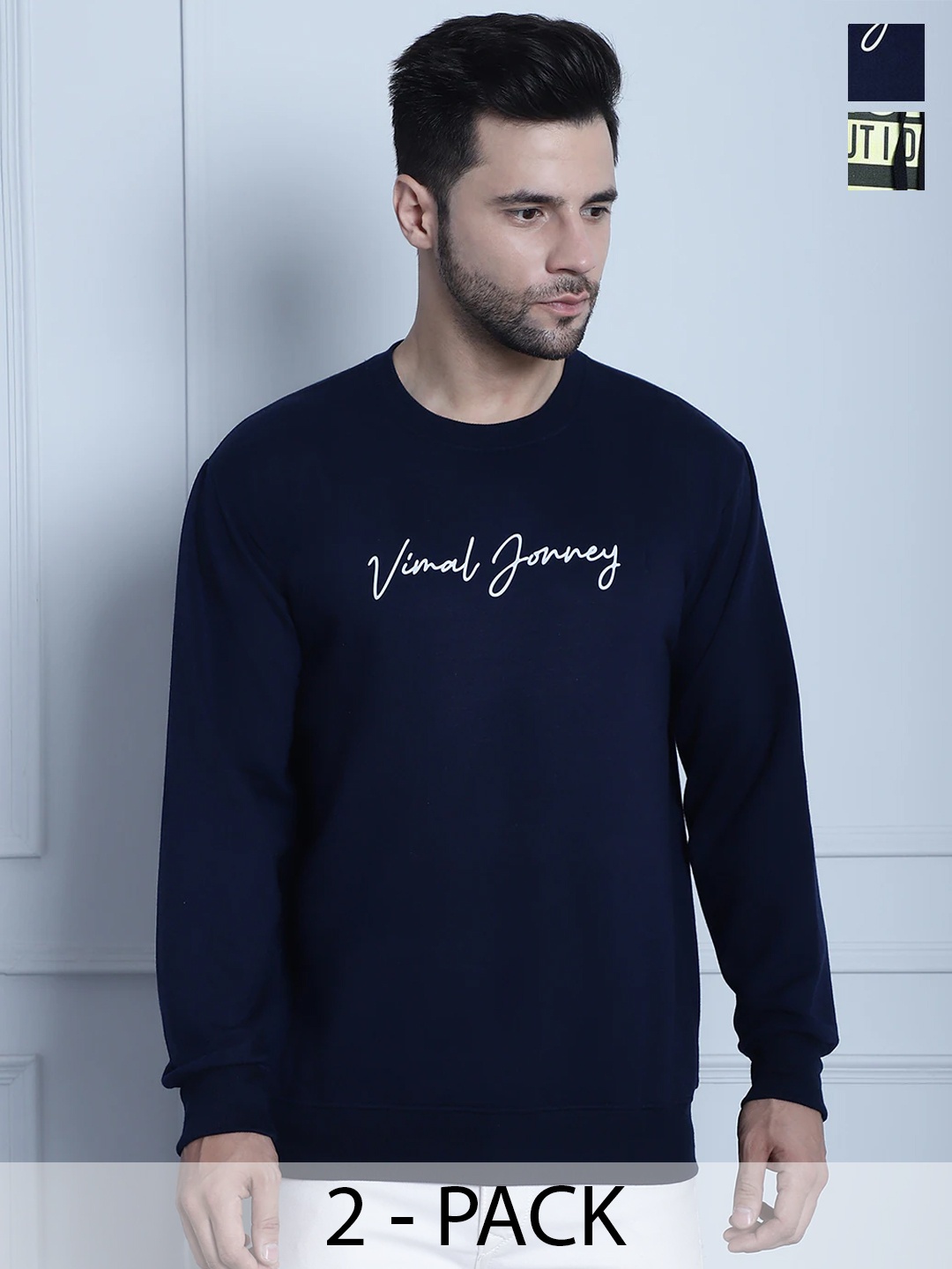 

VIMAL JONNEY Pack Of 2 Typography Printed Cotton Fleece Pullover Sweatshirts, Olive