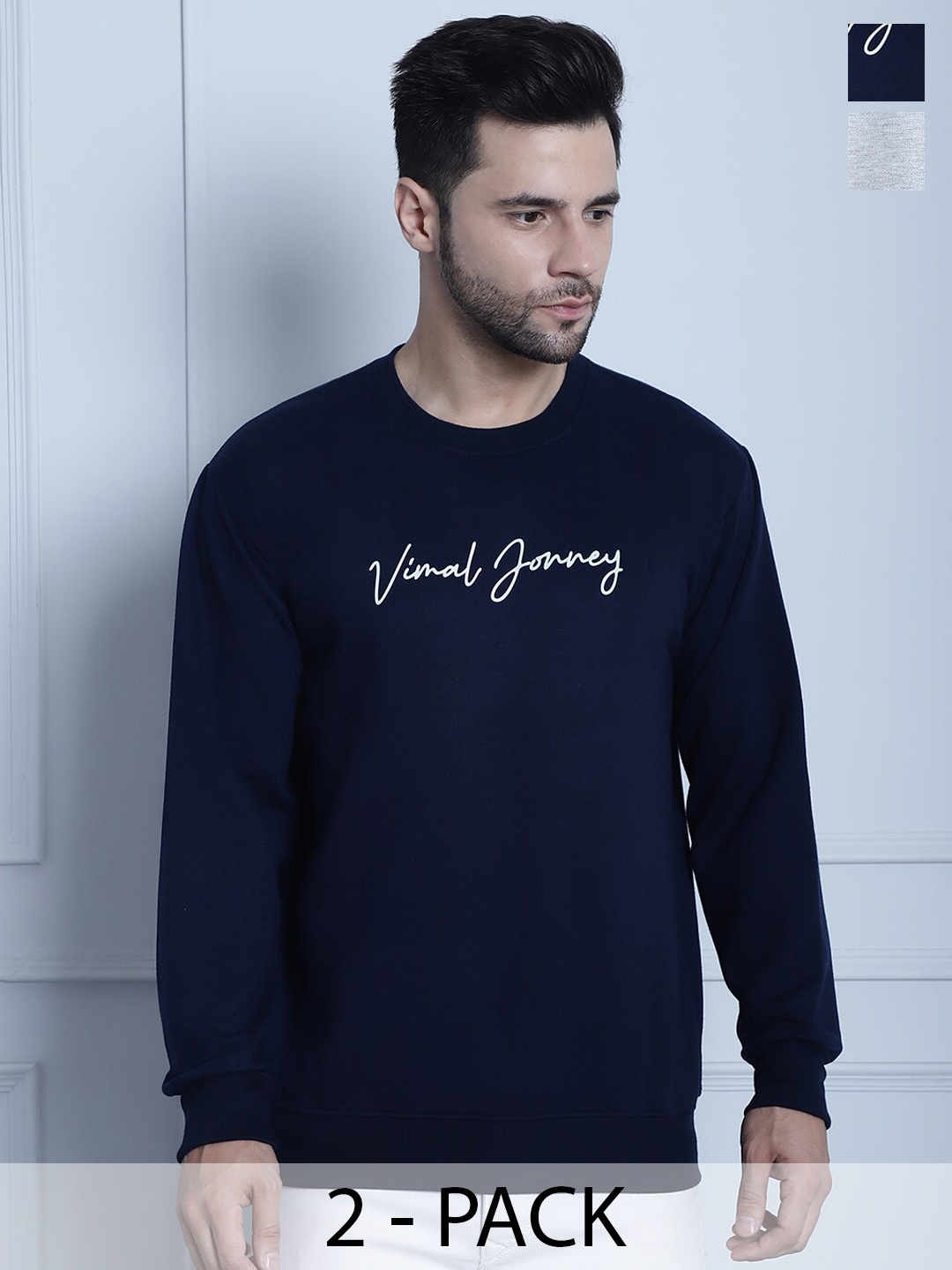 

VIMAL JONNEY Pack of 2 Typography Printed Long Sleeves Cotton Fleece Pullover Sweatshirt, Navy blue