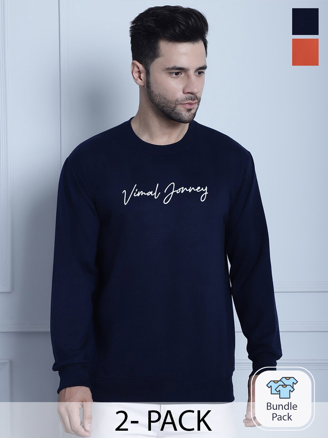 

VIMAL JONNEY Pack Of 2 Typography Printed Fleece Sweatshirt, Navy blue