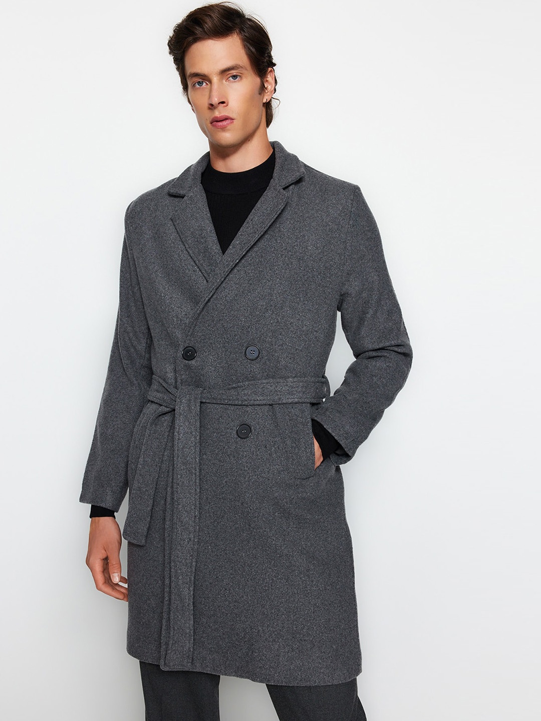 

Trendyol Notched Lapel Double-Breasted Trench Coat, Grey