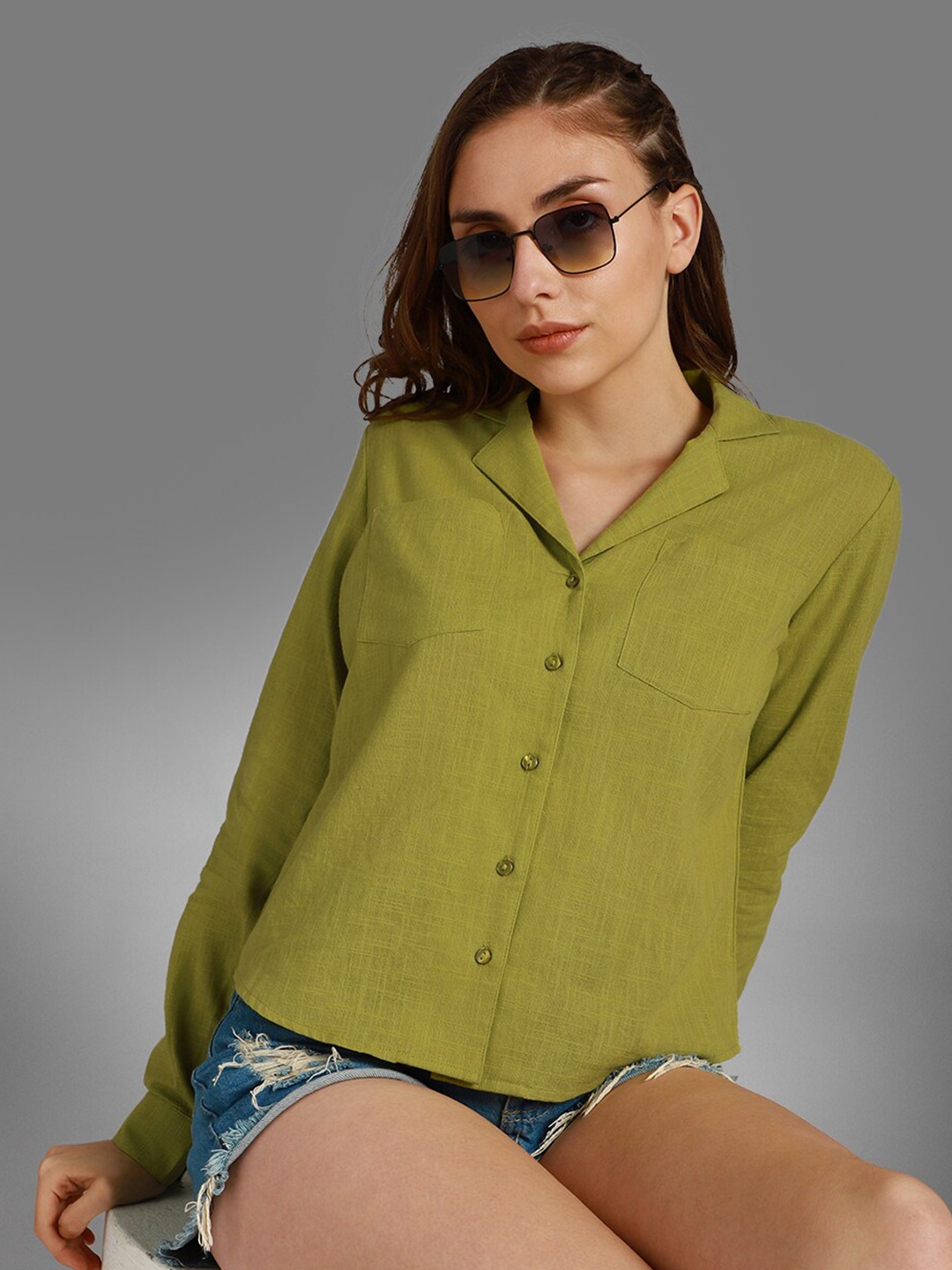 

High Star Classic Cuban Collar Long Sleeves Cotton Casual Shirt, Green
