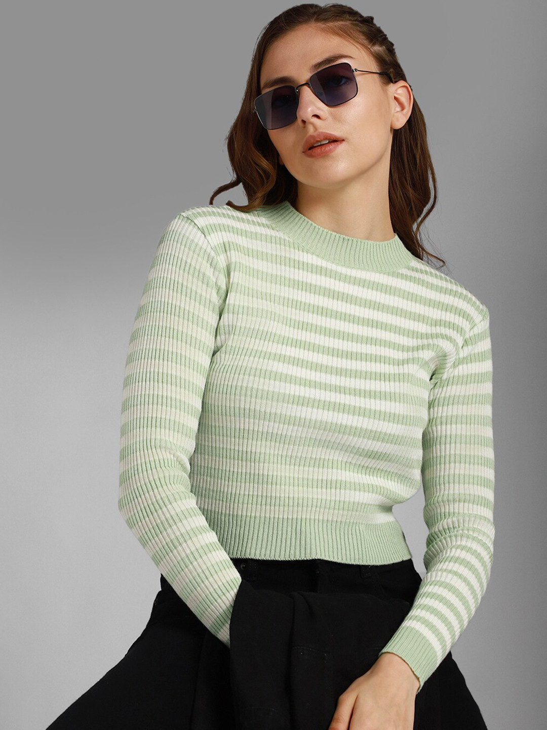 

High Star Striped Round Neck Long Sleeves Acrylic Pullover Sweater, Green