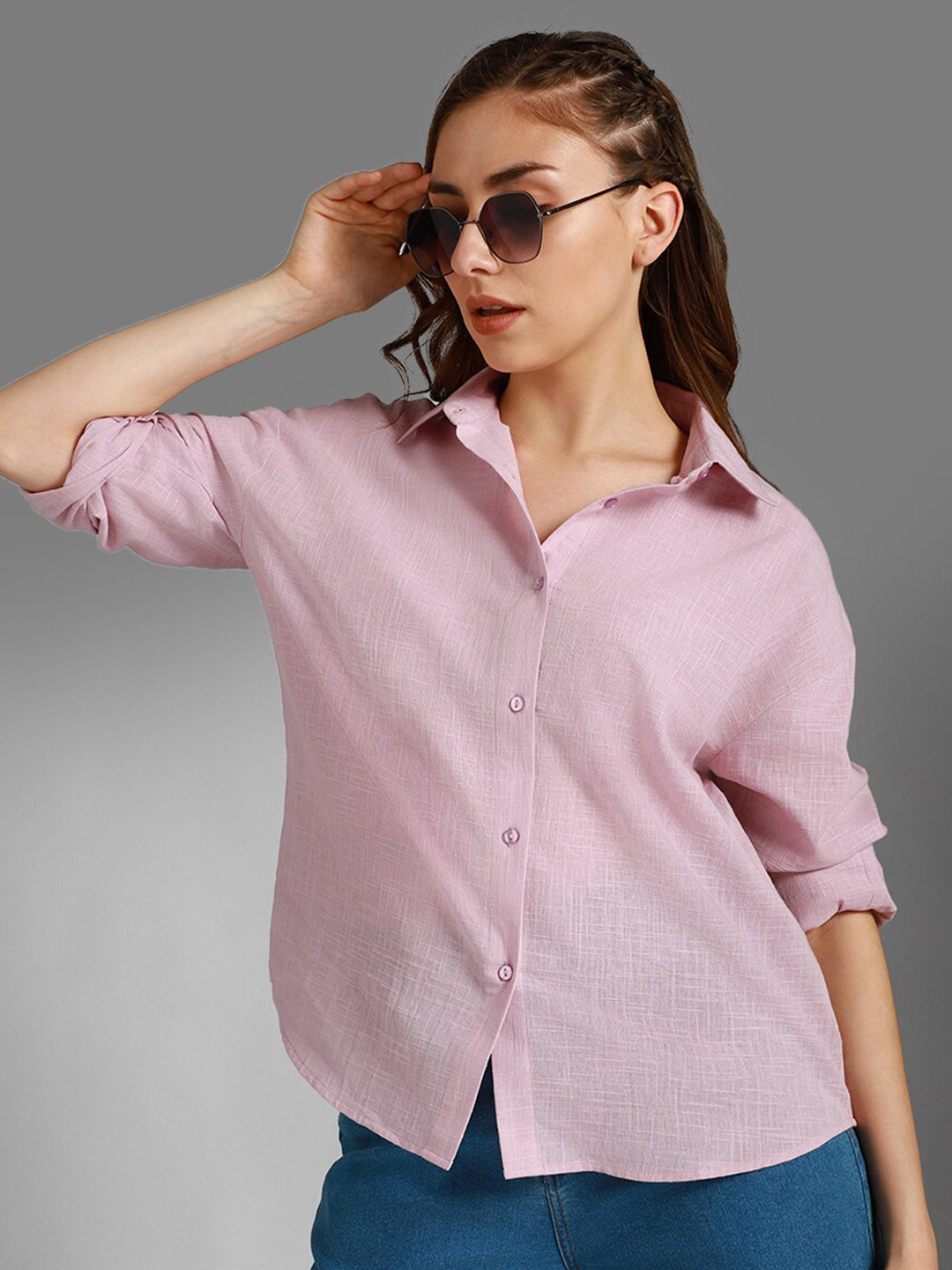 

High Star Classic Boxy Spread Collar Long Sleeves Cotton Casual Shirt, Pink