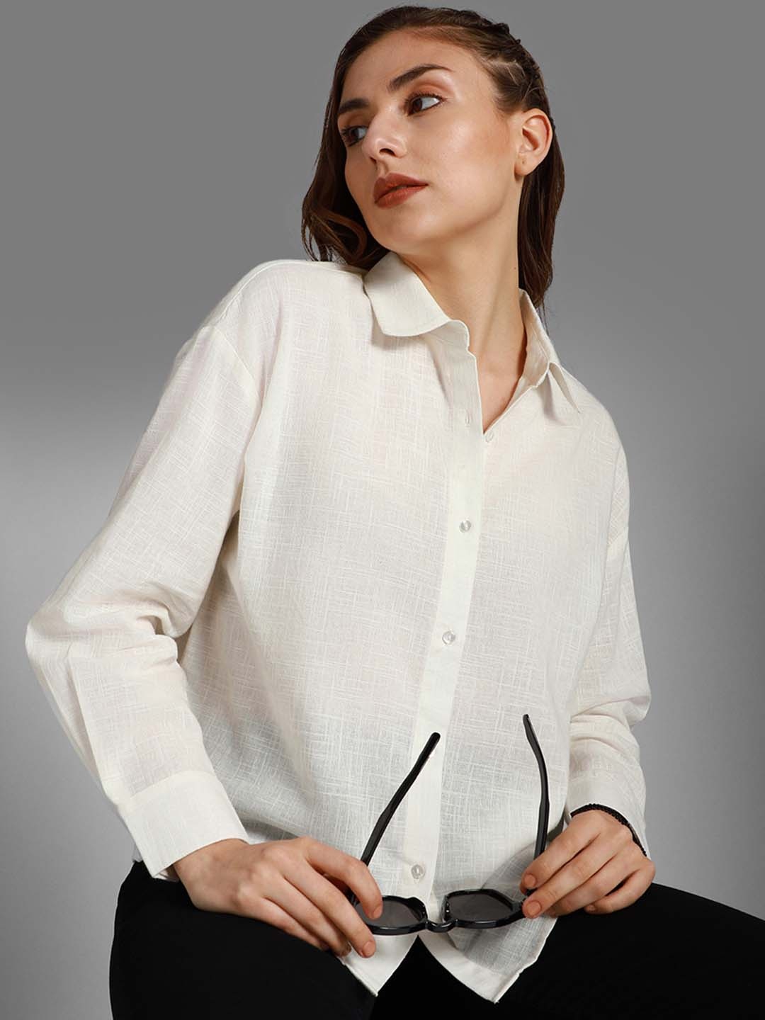 

High Star Classic Boxy Mandarin Collar Long Sleeves Cotton Casual Shirt, White