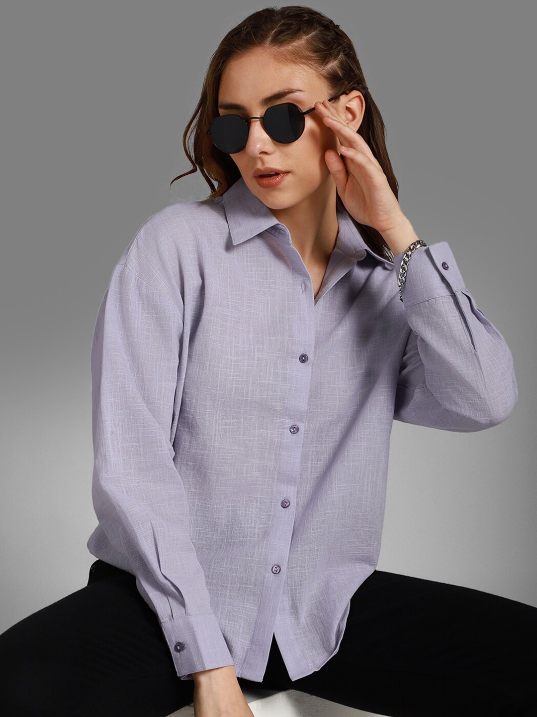 

High Star Classic Boxy Spread Collar Long Sleeves Cotton Casual Shirt, Purple