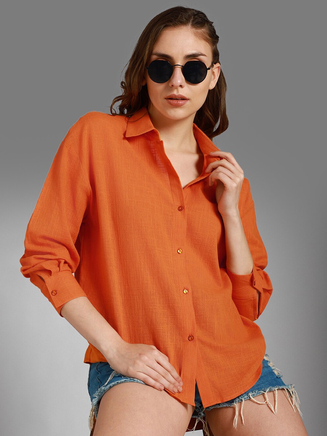 

High Star Classic Boxy Spread Collar Long Sleeves Cotton Casual Shirt, Orange