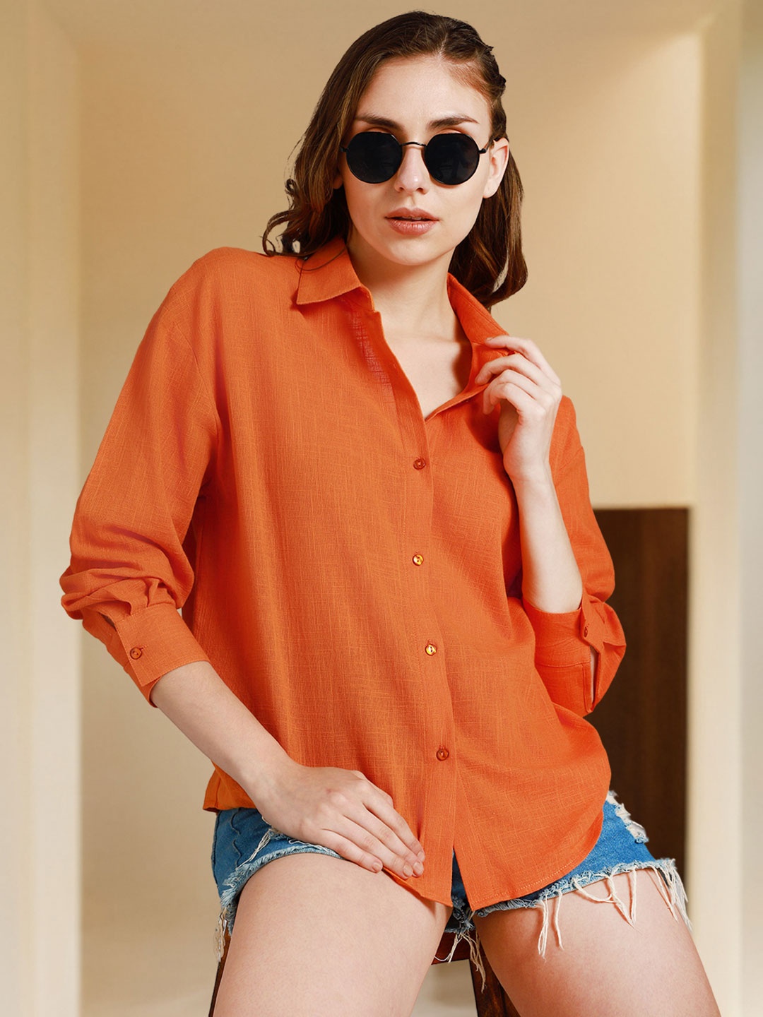 

High Star Classic Boxy Spread Collar Long Sleeves Cotton Casual Shirt, Orange