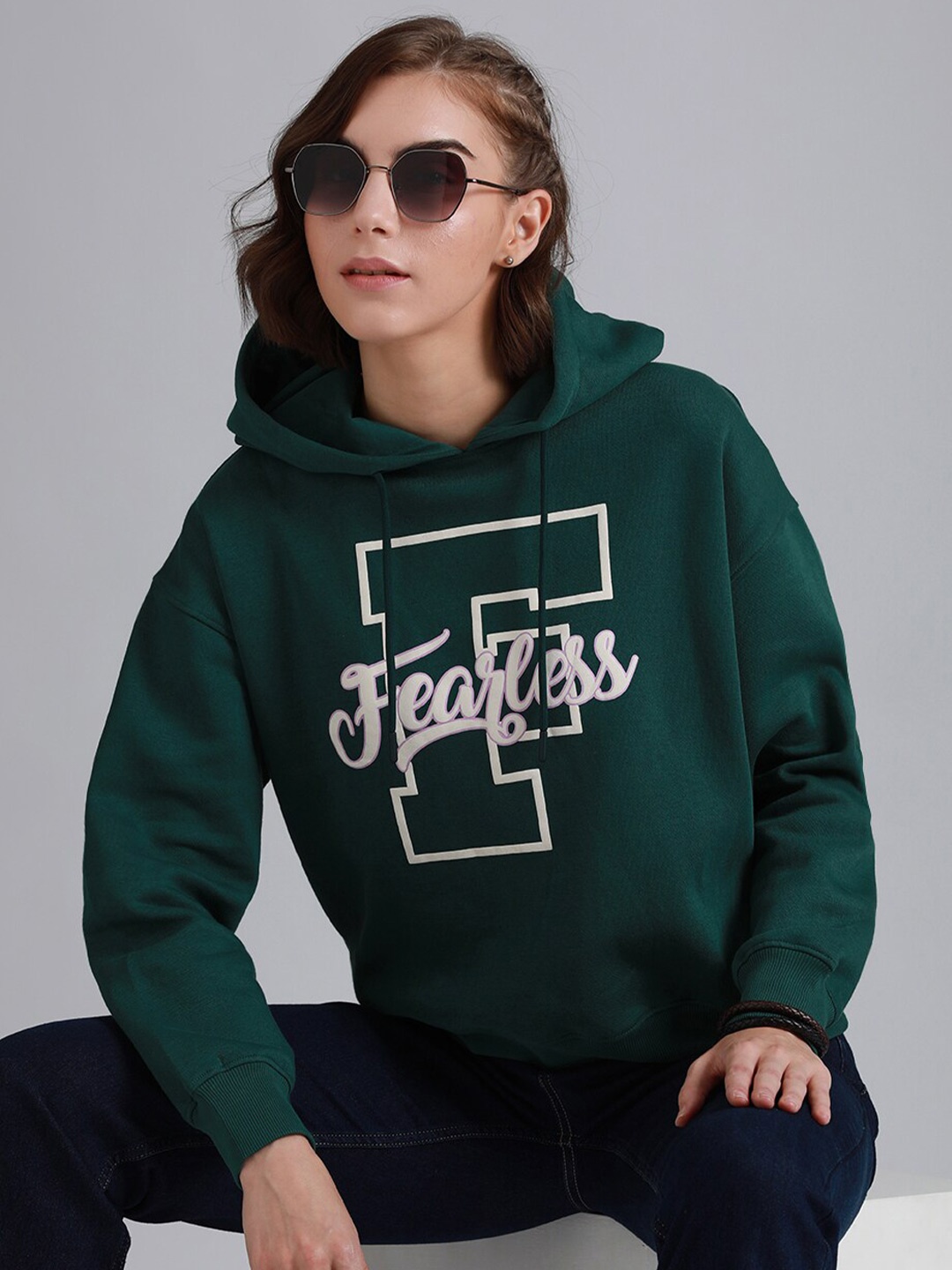 

High Star Typography Printed Hooded Long Sleeves Pullover Sweatshirt, Green