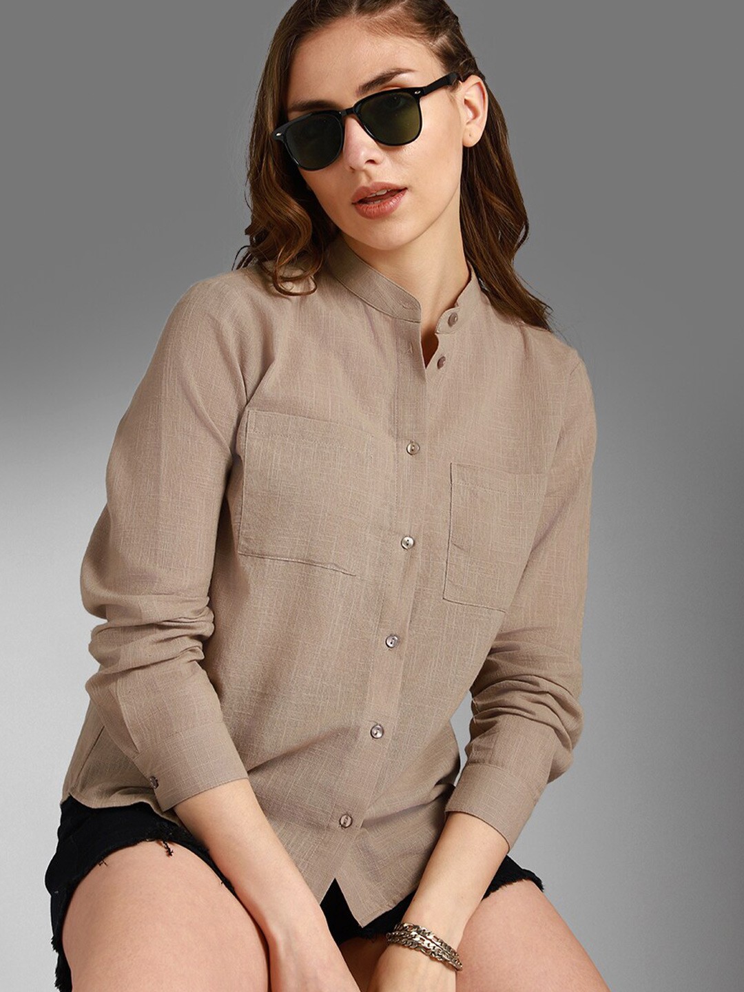 

High Star Classic Mandarin Collar Long Sleeves Cotton Casual Shirt, Beige