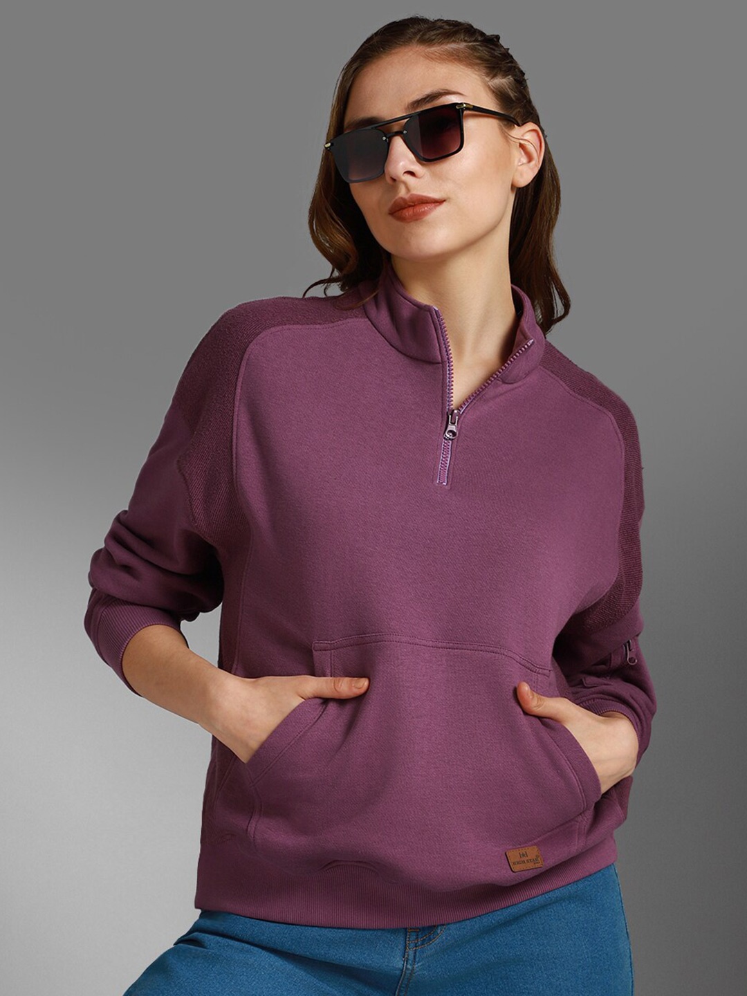 

High Star Mock Collar Long Sleeves Pullover Sweatshirt, Purple