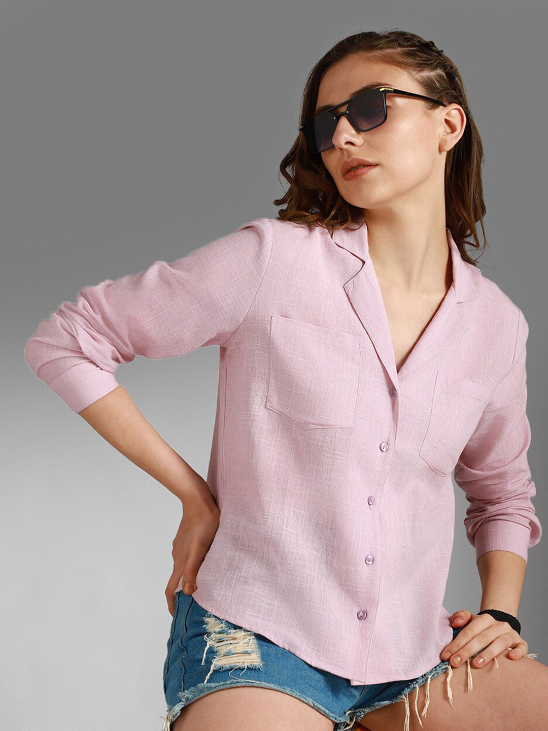 

High Star Classic Cuban Collar Long Sleeves Cotton Casual Shirt, Pink