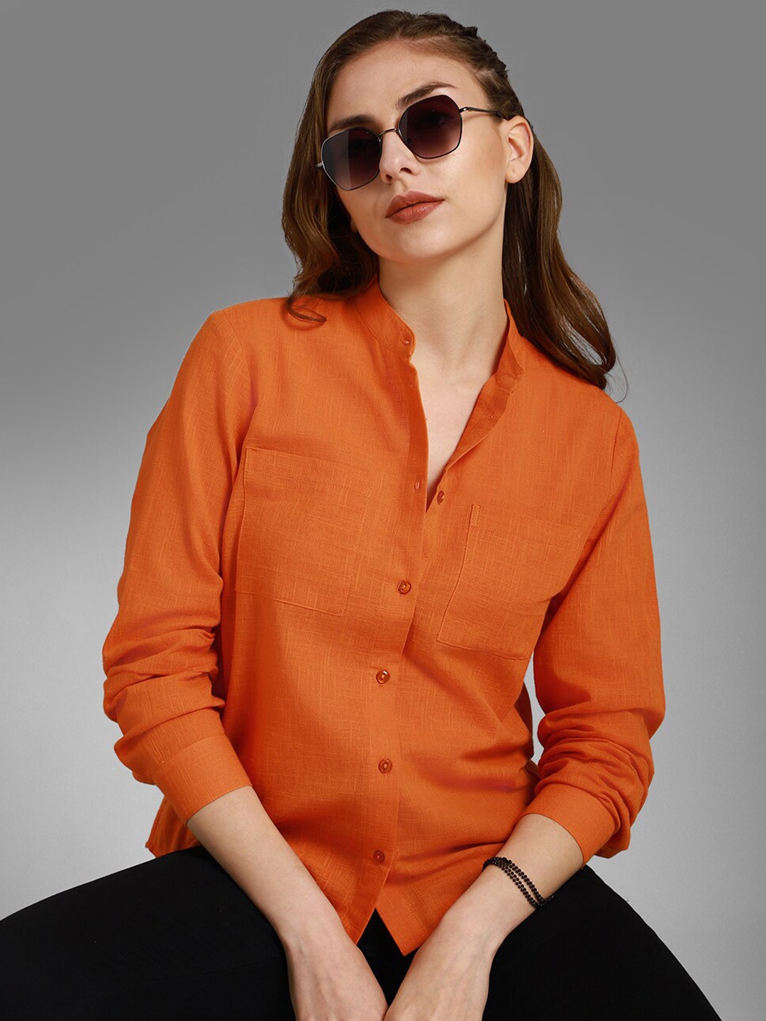 

High Star Classic Mandarin Collar Long Sleeves Cotton Casual Shirt, Orange