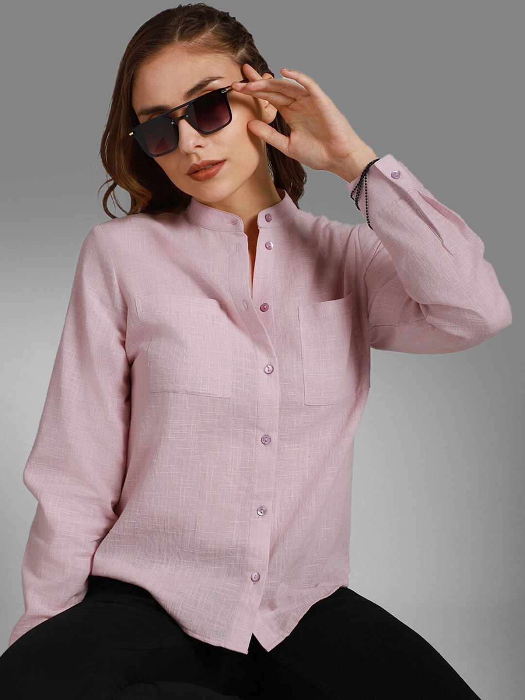 

High Star Classic Mandarin Collar Long Sleeves Cotton Casual Shirt, Pink