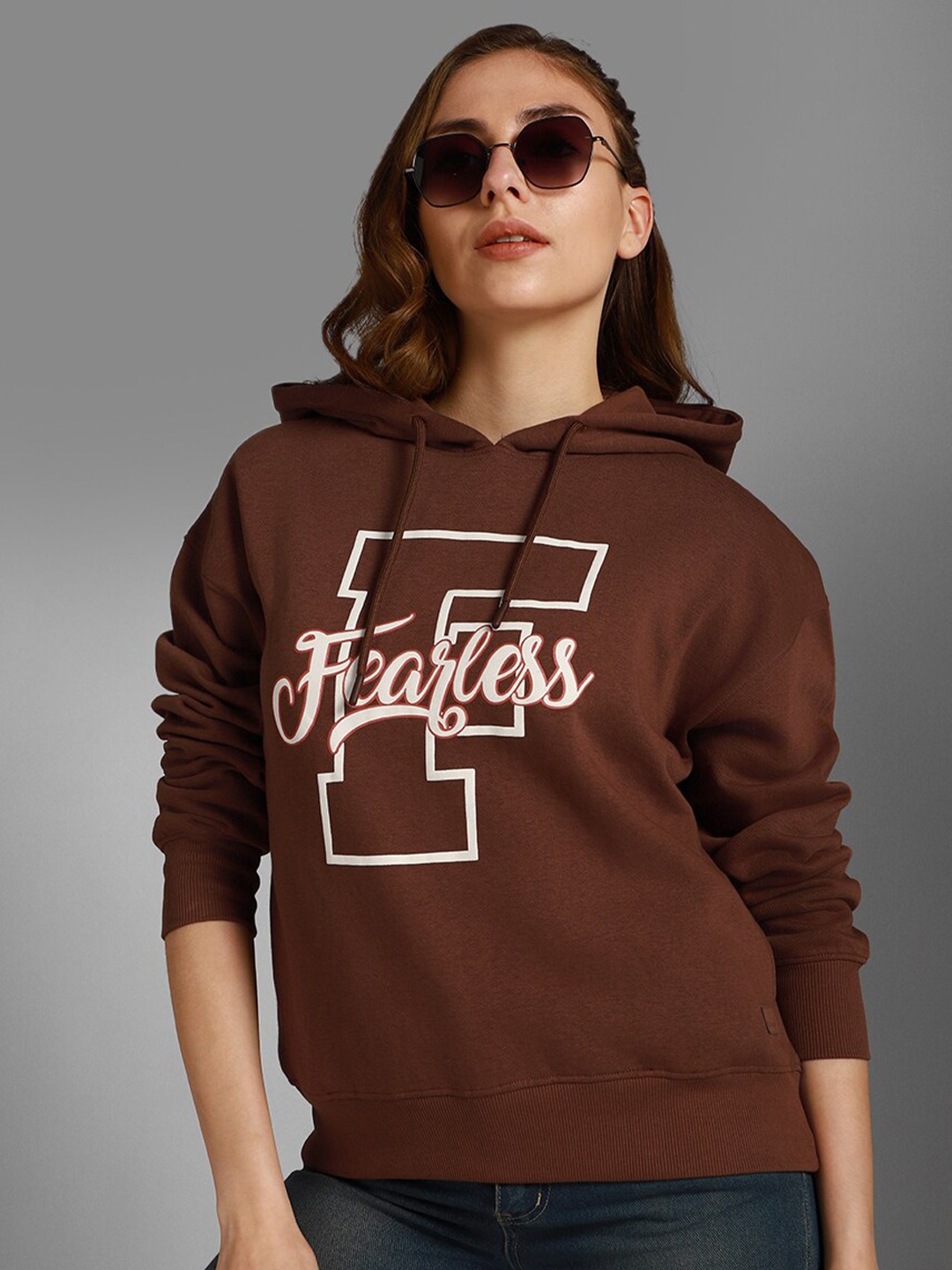 

High Star Typography Printed Hooded Long Sleeves Pullover Sweatshirt, Brown