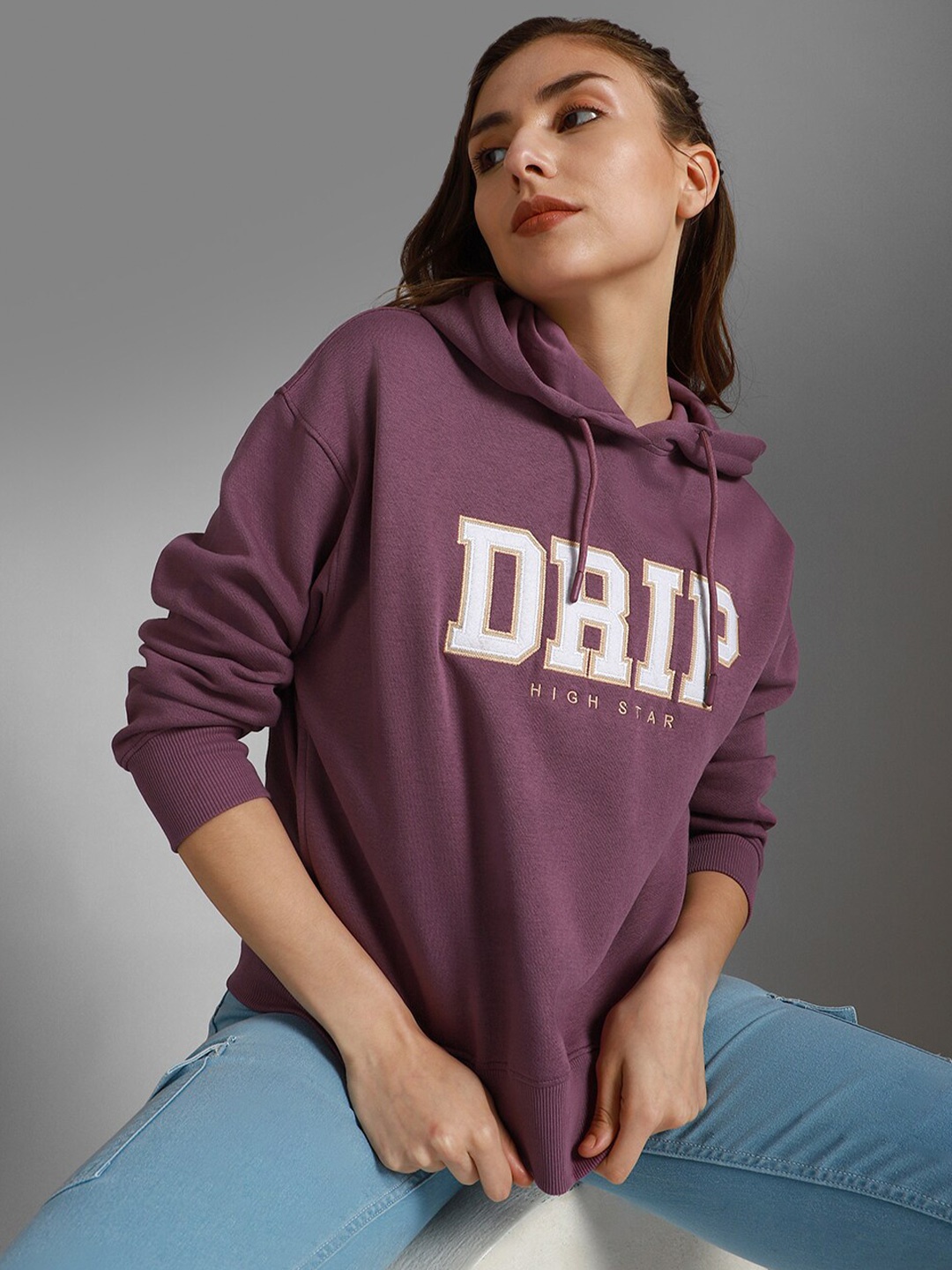 

High Star Typography Printed Hooded Long Sleeves Pullover Sweatshirt, Purple