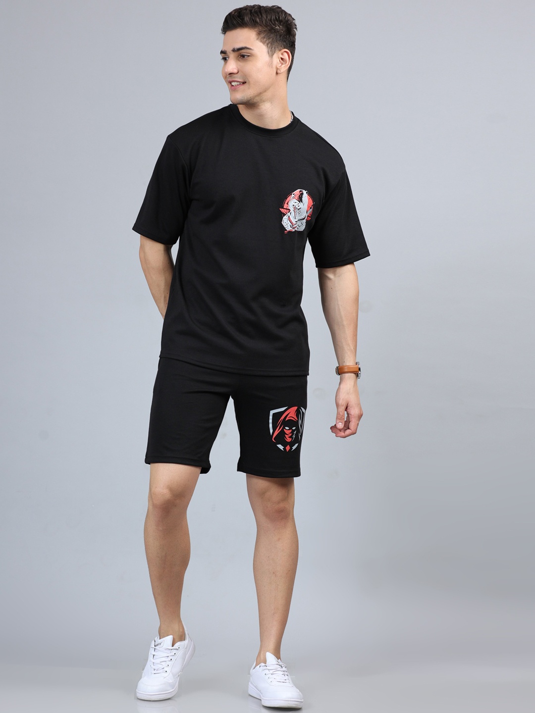 

Bushirt Star Warrior Printed Oversized Pure Cotton T Shirt With Shorts, Black