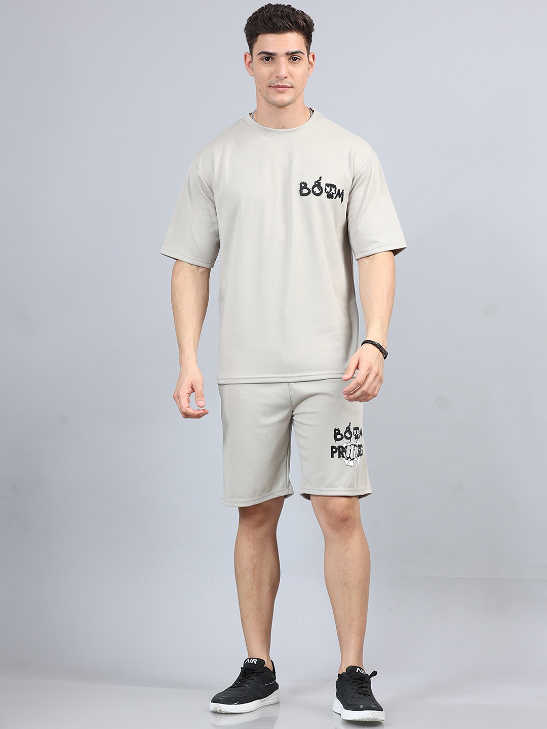 

Bushirt Printed Oversized Pure Cotton T Shirt With Shorts, Grey