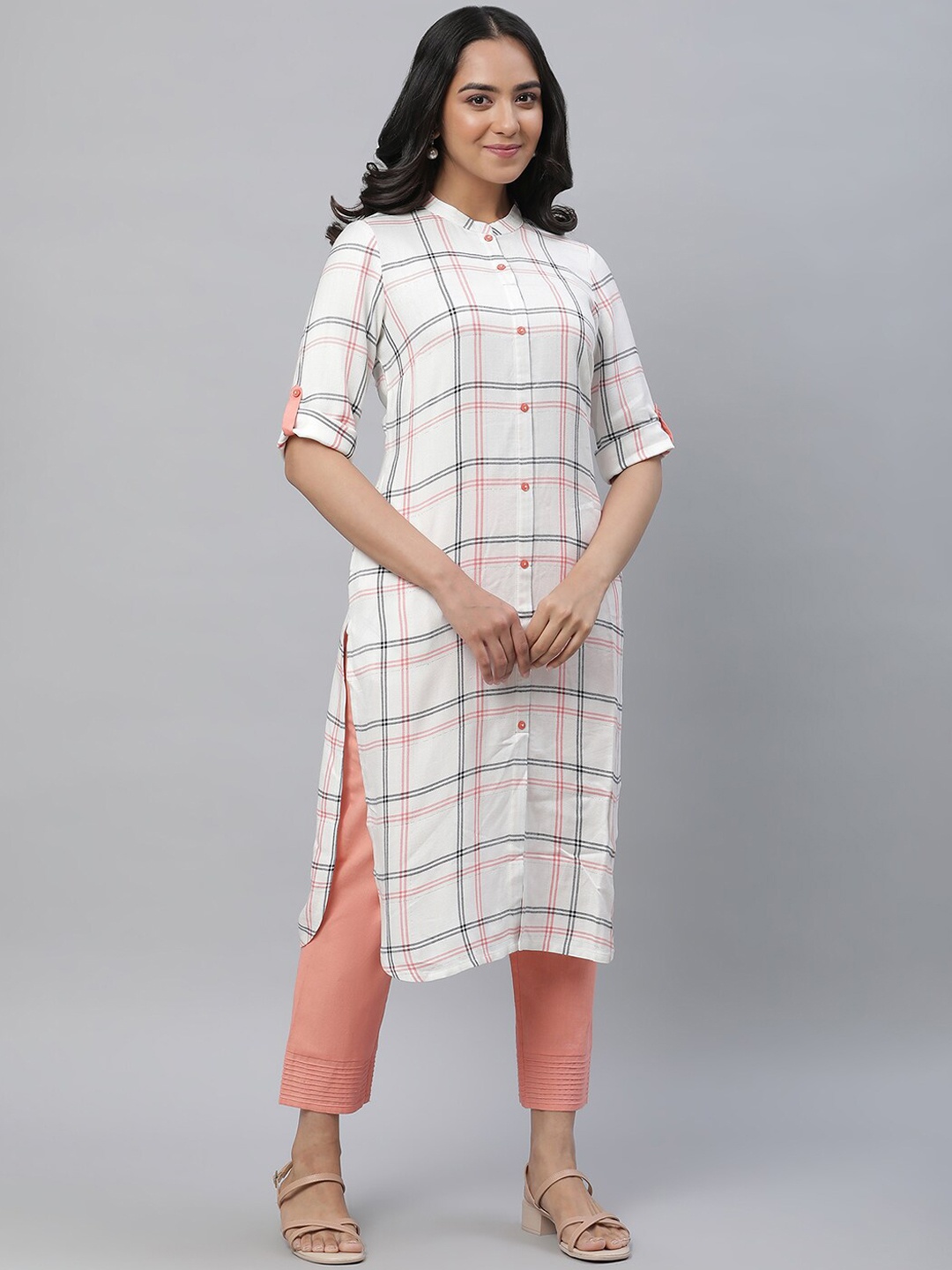 

AURELIA Checked Band Collar Pure Cotton Straight Kurta With Trouser, White